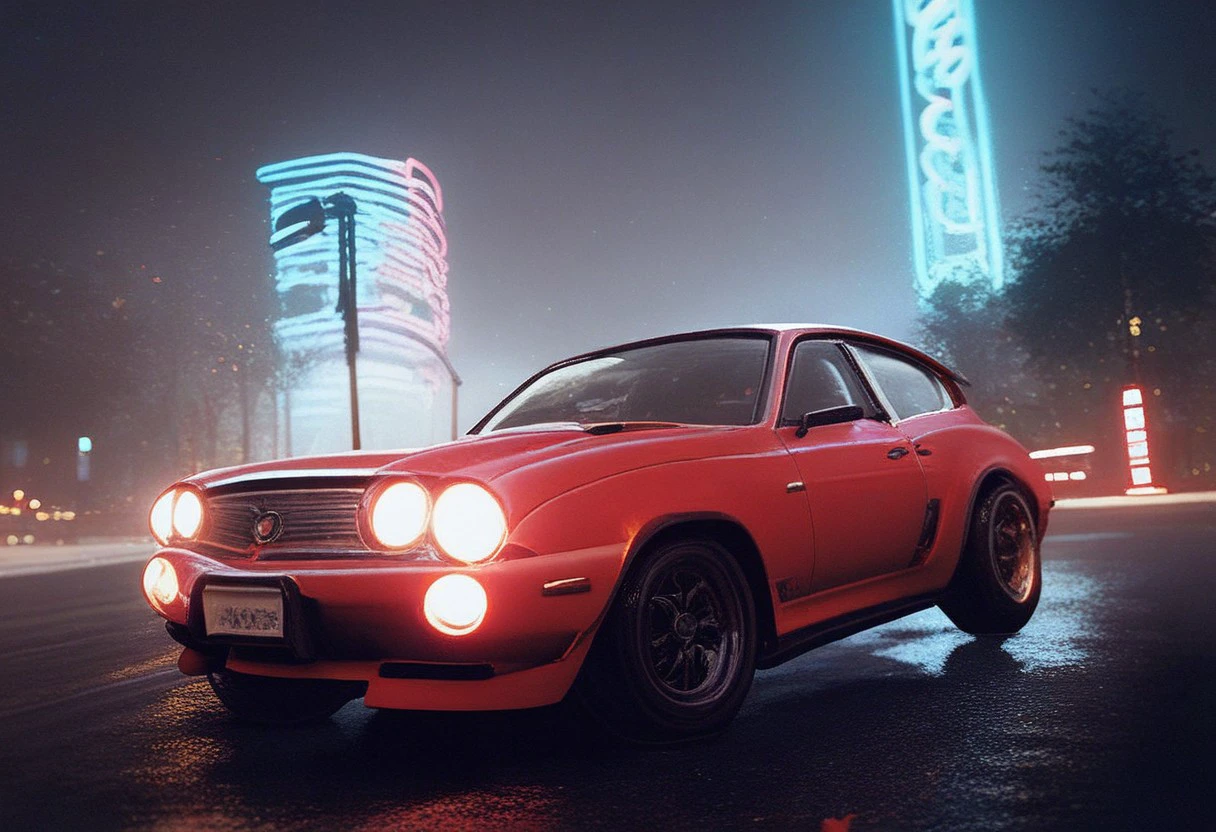 (score_9, score_8_up), score_7_up, ((ssmod)), modified, sports car, ground vehicle, motor vehicle, car, lamppost, neon lights, cinematic, retro