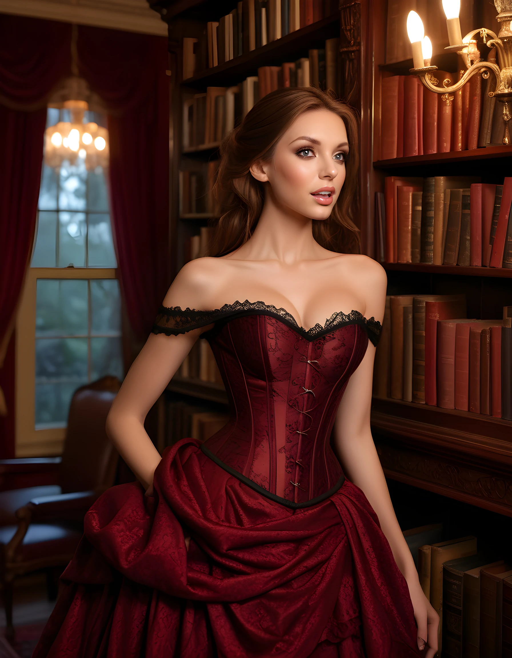 A striking, close-up image captures Melanie Marie, a woman with cascading brown locks that shimmer under soft, warm lighting, against a backdrop of vintage velvet curtains and antique bookshelves in an enchanting Victorian library. Her expressive eyes sparkle with curiosity as she opens her mouth to speak, her full lips painted a deep crimson hue. The camera angle is slightly above, emphasizing her high cheekbones and the delicate curves of her face. She wears a unique outfit consisting of a corseted bodice adorned with intricate lacework, a voluminous skirt made of layers of tulle, and a matching stole draped elegantly around her shoulders. A sense of mystery and sophistication pervades the scene as she stands poised yet relaxed, her posture exuding an air of both strength and vulnerability.