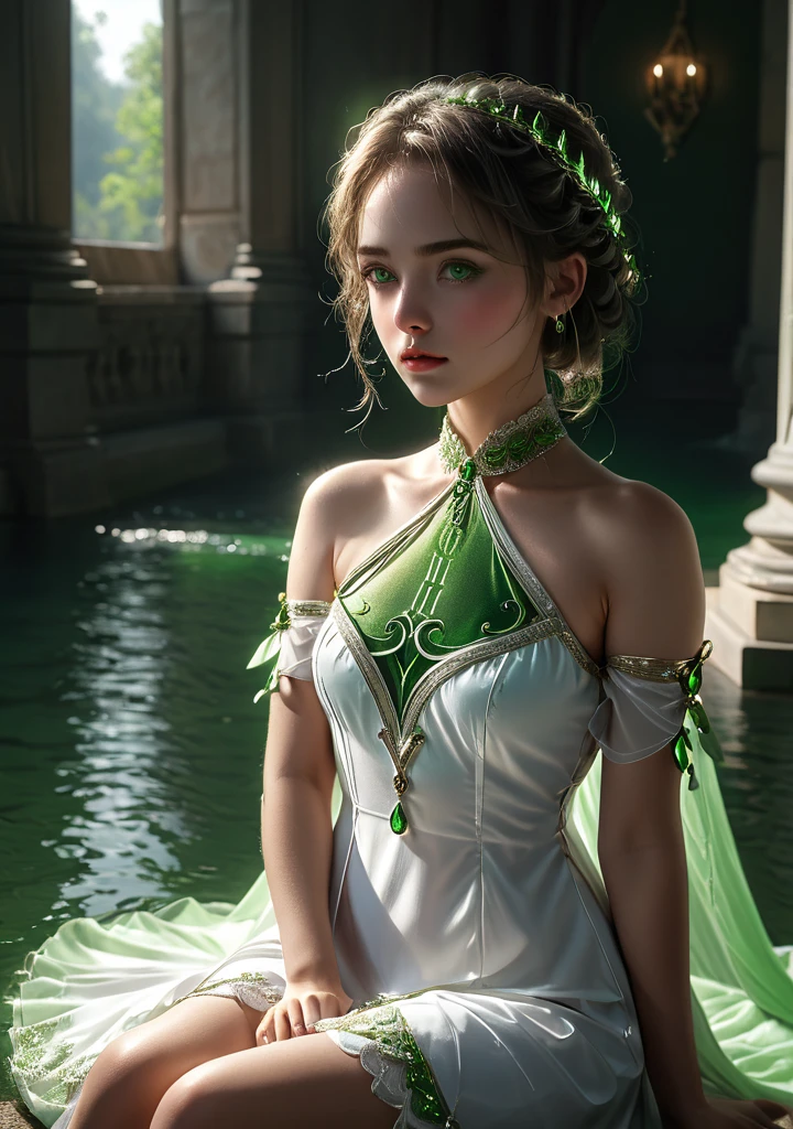 dramatic light,fluorescent river,mooon <lora:Nahida-real:0.8>,Nahida,sit,green jewelry ,green eyes,white and green dress,short dress,small,upper body,detailed face, detailed eyes, detailed lips, beautiful woman, hourglass figure, natural lighting, high quality, hyperrealistic, 8k, cinematic, dramatic lighting, chiaroscuro, neoclassical, oil painting,