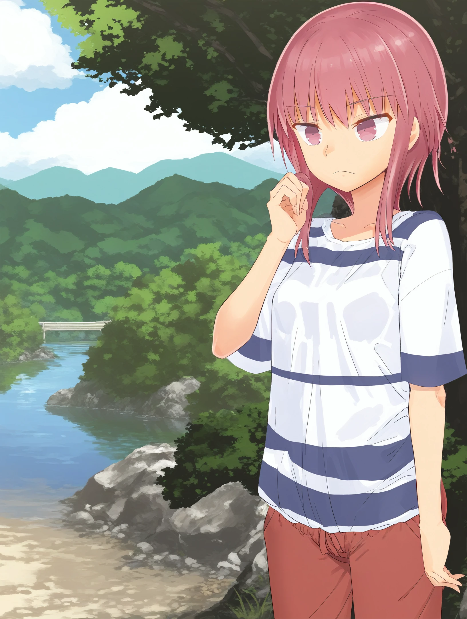 Naked shirt、Exposing the clitoris、Split seat、NSFW((Masturbation)),Pants on one leg、 alone,stained underwear、Dirty underwear、 One girl, View your viewers, 2D, anime, anime coloring,(Desert Island Background:1.3), Shion Kujou, ,