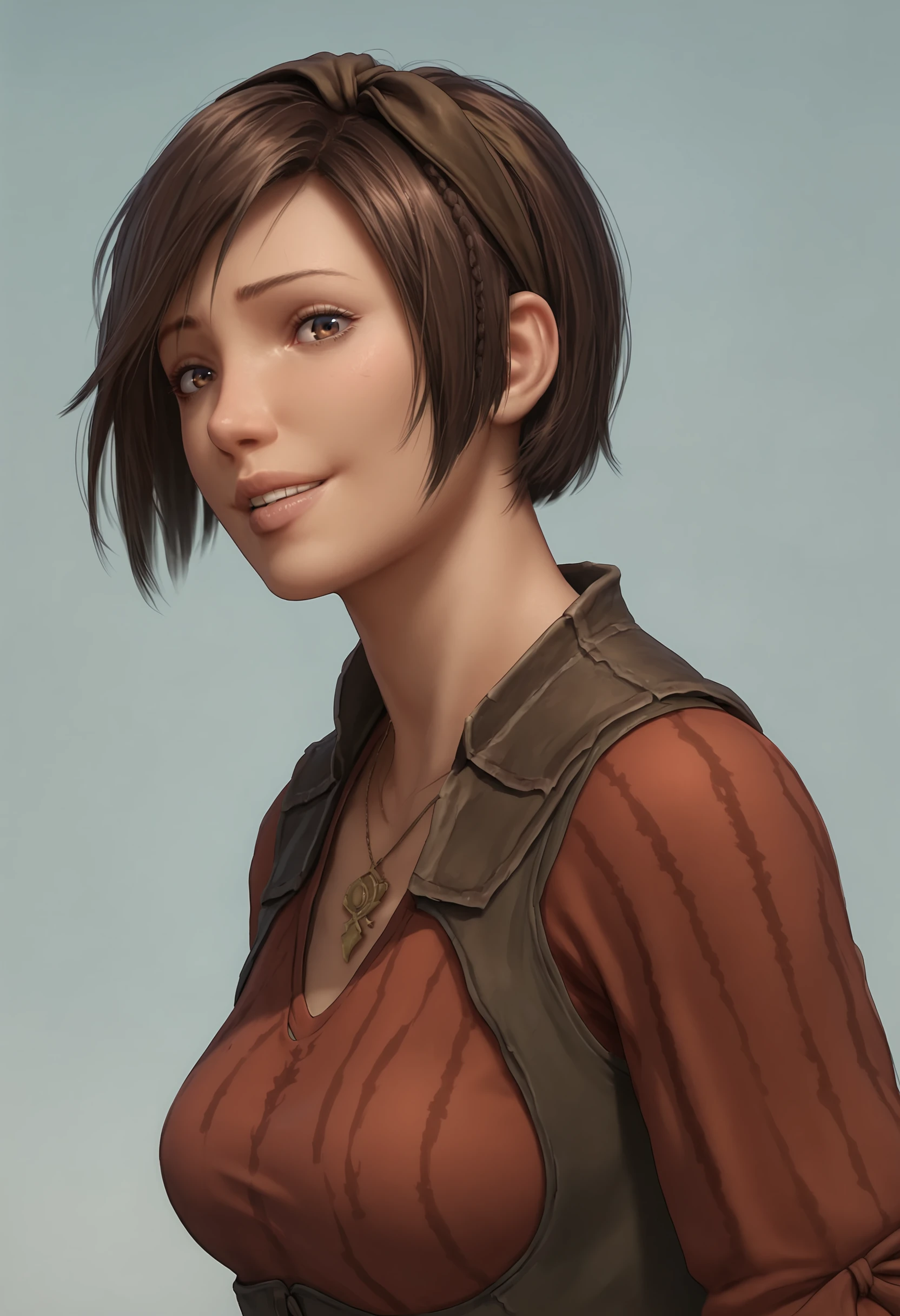 score_9, score_8_up, score_7_up, score_6_up, score_5_up, score_4_up, 1girl, <lora:LeahD3:0.85>, solo, breasts, brown hair, short hair, lips, brown eyes, shirt, red shirt, necklace, upper body, smile, looking at viewer, from side,
(light blue background), simple background,