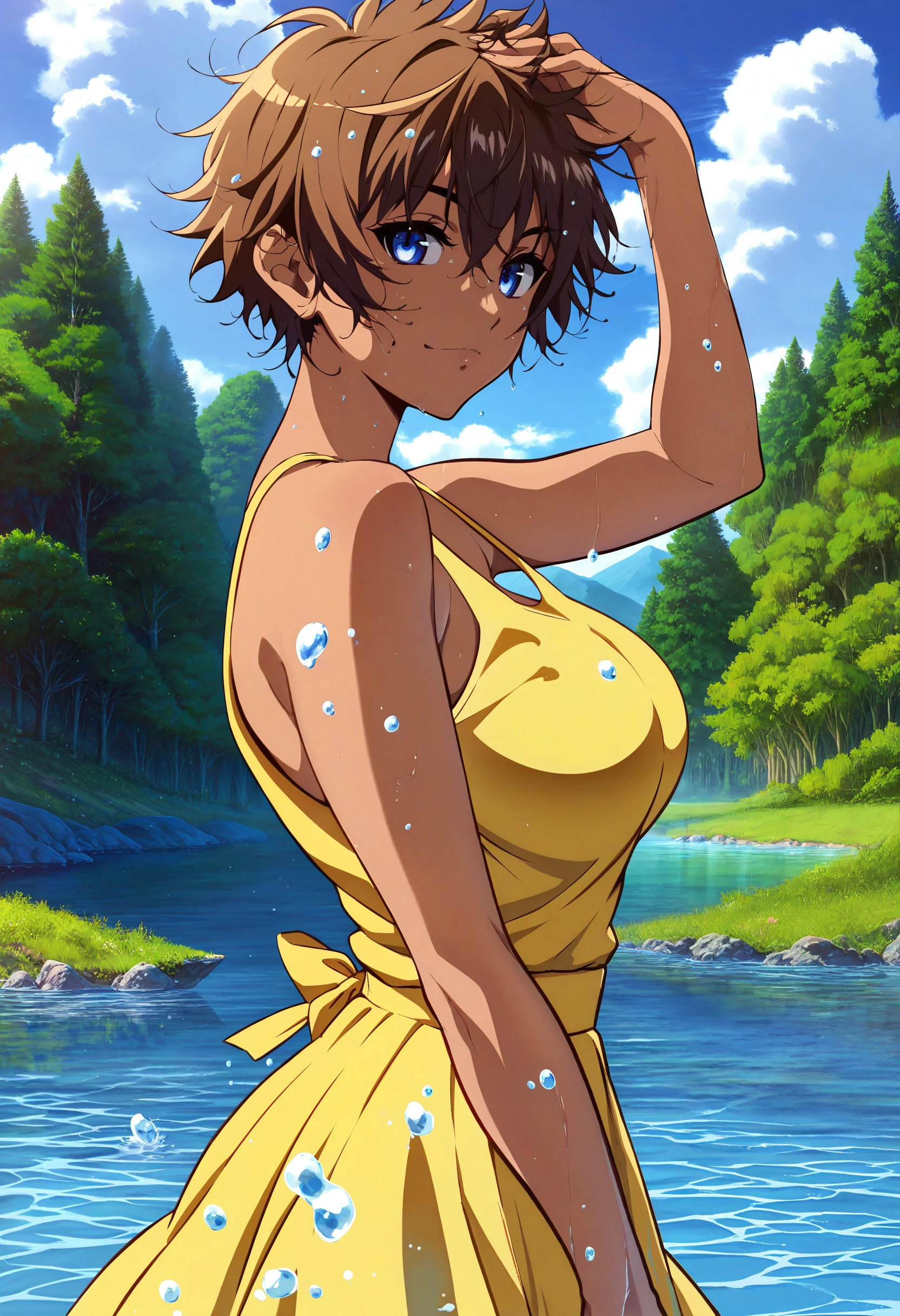 score_9,score_8_up,score_7_up,score_6_up,source_anime,<lora:MeMaXLV3_TypeB_AutismMix:1>,in misty lake,wet,upper body,1girl,from side,dark-skinned female,brown hair,short messy hair,blue eyes,looking at viewer,scowl,half-closed eyes,happy,yellow sundress,large breast,hand on head,skirt lift,forest,mountainous horizon,