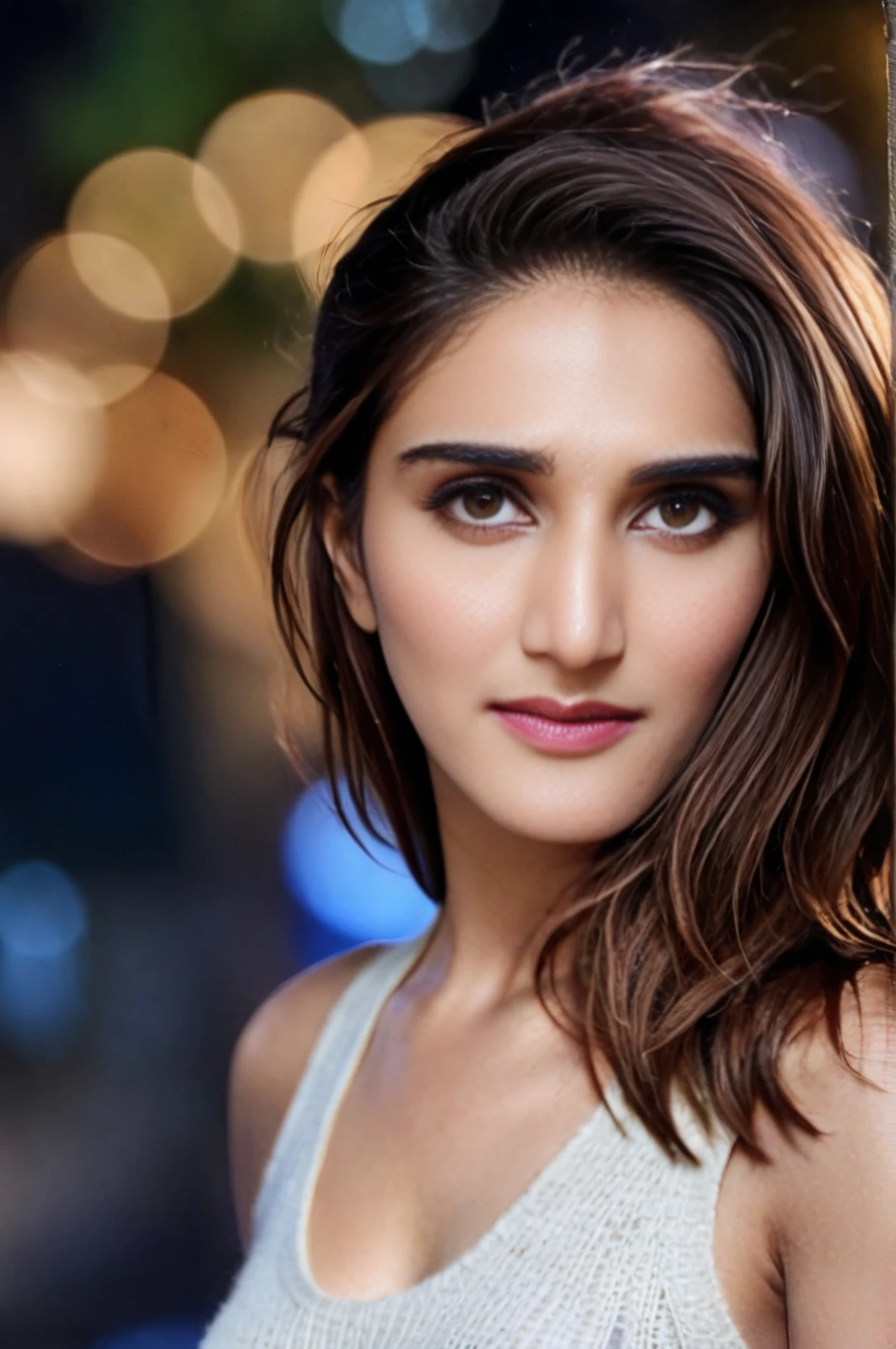 portrait photo of vaani kapoor woman, solo, messy hair cut, serious look, looking at the camera,  Ivory sleeveless turtleneck, night time, contrasting background bokeh,  <lora:Vaani_Kapoor_SDXL_LoRA_prodigy_local_xformers_HNE:1>