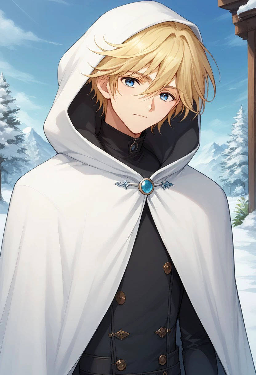 score_9, score_8_up, score_7_up, source_anime, highly detailed, 
fayd, 1boy, solo, male focus, blonde hair, blue eyes, gloves, elbow gloves
black gloves, pants, black pants, upper body, cloak, hood, white cloak
outdoor, snow,