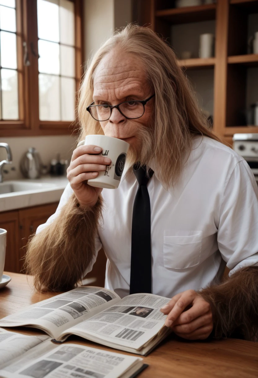 score_9, score_8_up, score_7_up, source_photo, photography, realistic, 
bigsquatch, glasses, white shirt, black tie, drinking a cup of coffee, reading newspaper, kitchen table, window in background, sun beaming in, atmospheric lighting