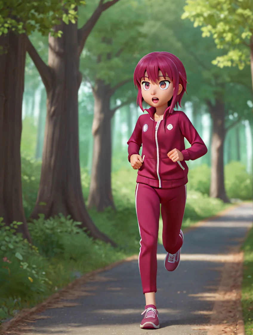 masterpiece, best quality,
pixar, disney,
1girl, solo,
<lora:hinori-Kakuriyo.sfw.sd15.v2.1:0.6> hinorikakuriyo, pink hair, pink eyes,
bodysuit, armor, science fiction, 
track suit, 
running, outdoors, forest, from side,