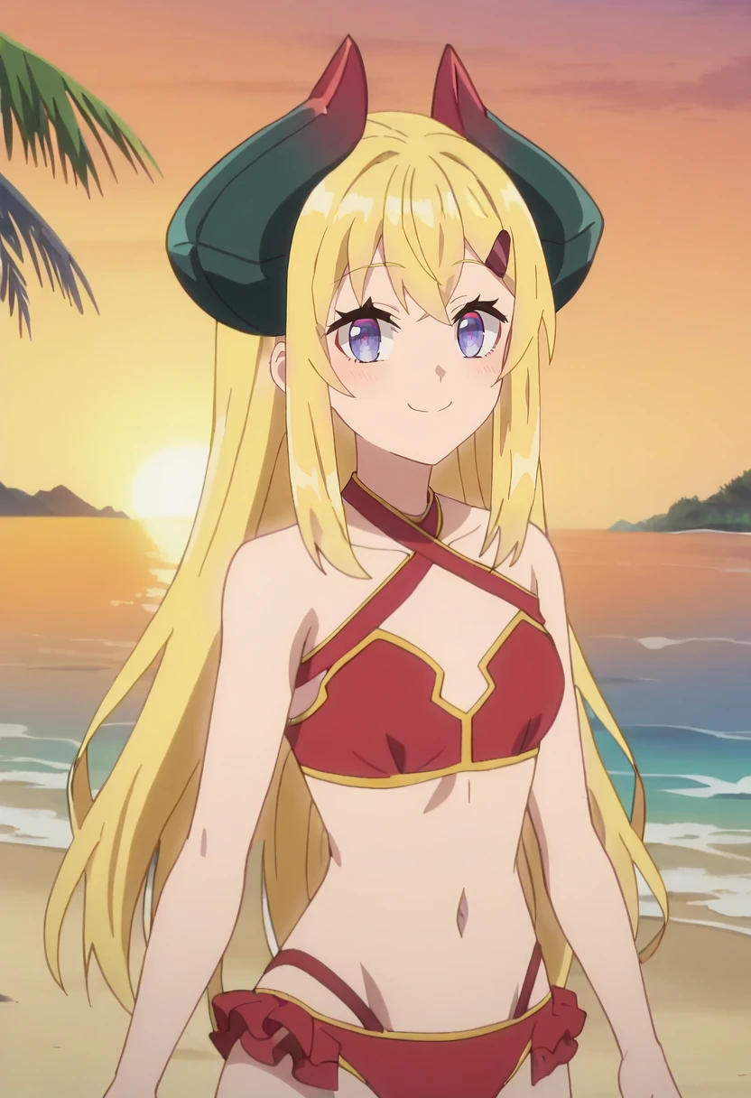 <lora:bisha-000006 (1):0.8>,(master piece:1.3),(best quality:1.3), cowboy shot, bishamonten \(noragami\), (1girl:1.2), solo,medium breasts, (seductive smile:1.3), sitting, looking at viewer, hat, (blonde hair:1.2), (very long hair:1.2), (purple eyes:1.2), ( red_lips:1.3),lipstick, makeup, large breasts, navel, (sea:1.3),(starry sky:1.3) ,beach, water, thigh boots,lingerie,