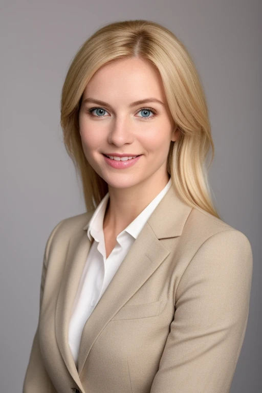 Create an avatar of a serene and professional woman, with a friendly and approachable expression. She has fair skin, blonde hair styled neatly, and is dressed in business casual attire. She should be standing against a simple, neutral background, suitable for professional use. The image should be detailed and realistic, with emphasis on her friendly smile and warm demeanor.