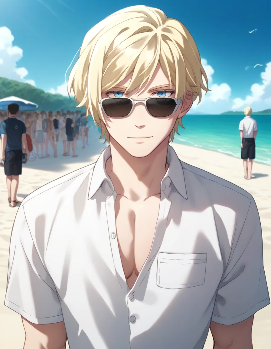 score_9, score_8_up, score_7_up, score_6_up, score_5_up, score_4_up, 2d_anime, rating_questionable, beach, event,
1boy, crowd, solo focus, mature male, blonde hair, blue eyes, white polo shirt, cleavage, short sleeves, sunglasses, sho akitsuki <lora:Sho_Akitsuki_Pony_Rev6:0.7>, light smile, facing viewer, looking at viewer, portrait,
<lora:sd_xl_dpo_lora_v1:1>