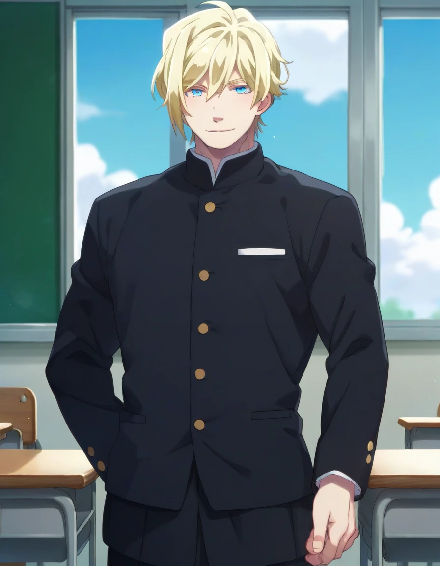 score_9, score_8_up, score_7_up, score_6_up, score_5_up, score_4_up, 2d_anime, rating_questionable, classroom, school, window,
1boy, solo, solo focus, mature male, blonde hair, blue eyes, gakuran, black school uniform, sho akitsuki <lora:Sho_Akitsuki_Pony_Rev6:0.8>, light smile, looking at viewer, leaning back,