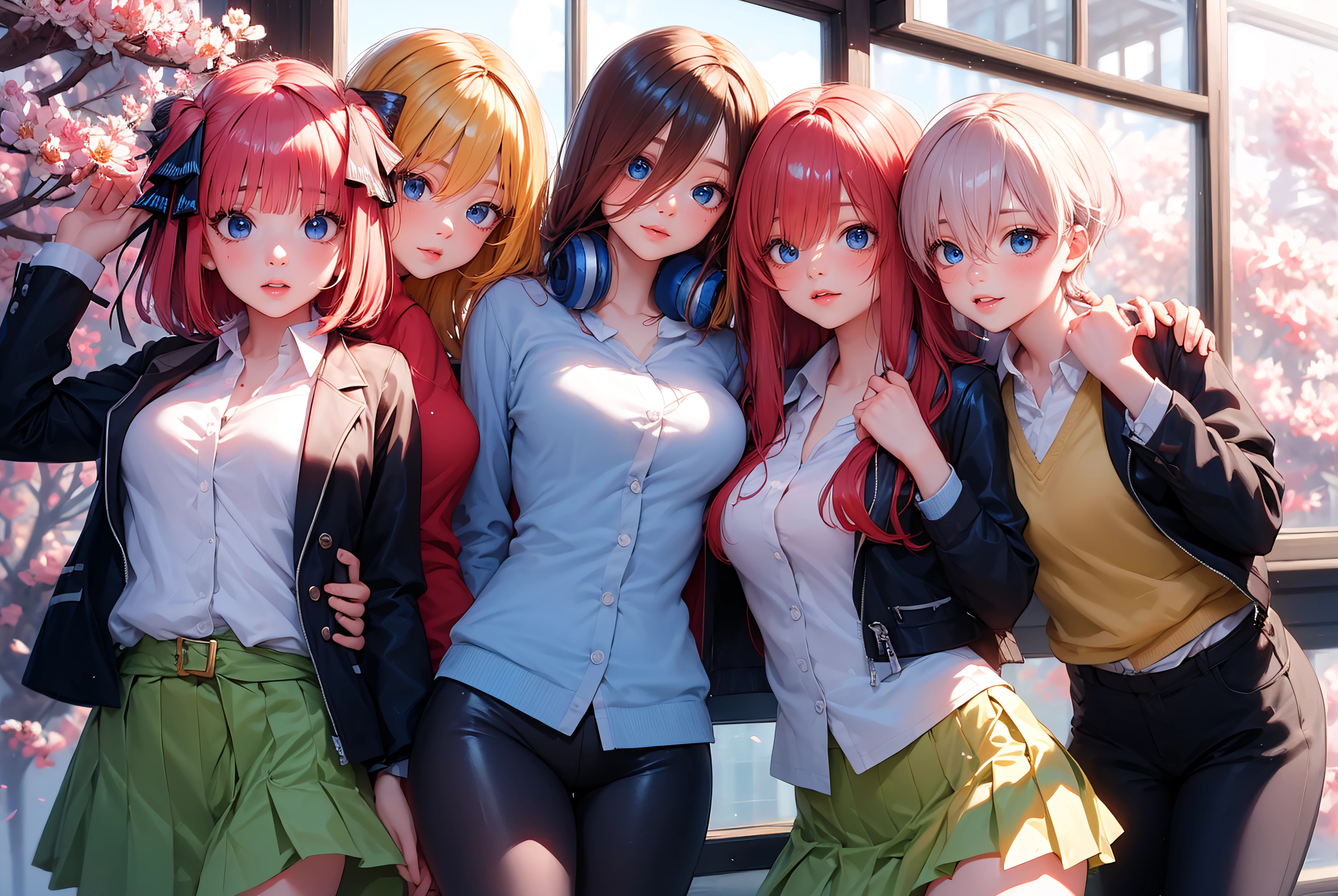 masterpiece,highres,(extremly detailed CG),4k , 8k,HD,ultra detailed,vivid colors, sharp focus,ray tracing, HDR ,perfect lighting,best quality, depth of field,3d, 
  flowers plants, floating petals cherry blossoms 


quindef,
nakano nino, nakano miku, nakano yotsuba, nakano itsuki, nakano ichika  multiple girls, siblings,5girls, sisters,
long hair,  short hair,  brown hair pink hair,red hair,orange hair,two side up,blunt bangs, blue eyes,
 hair ornament,ribbon,  bow,  hair ribbon,  star (symbol), bowtie,  black ribbon, headphones, green bow, star hair ornament,green ribbon,butterfly hair ornament,headphones around neck,
 skirt, shirt, long sleeves, hair between eyes,  school uniform, jacket,  white shirt, ahoge, short sleeves, pantyhose,   pleated skirt, open clothes, collared shirt,   sweater,  black jacket, black pantyhose,  cardigan,  green skirt, sweater vest,   clothes around waist,  red sweater, black cardigan, blue cardigan, yellow cardigan, cardigan around waist, 