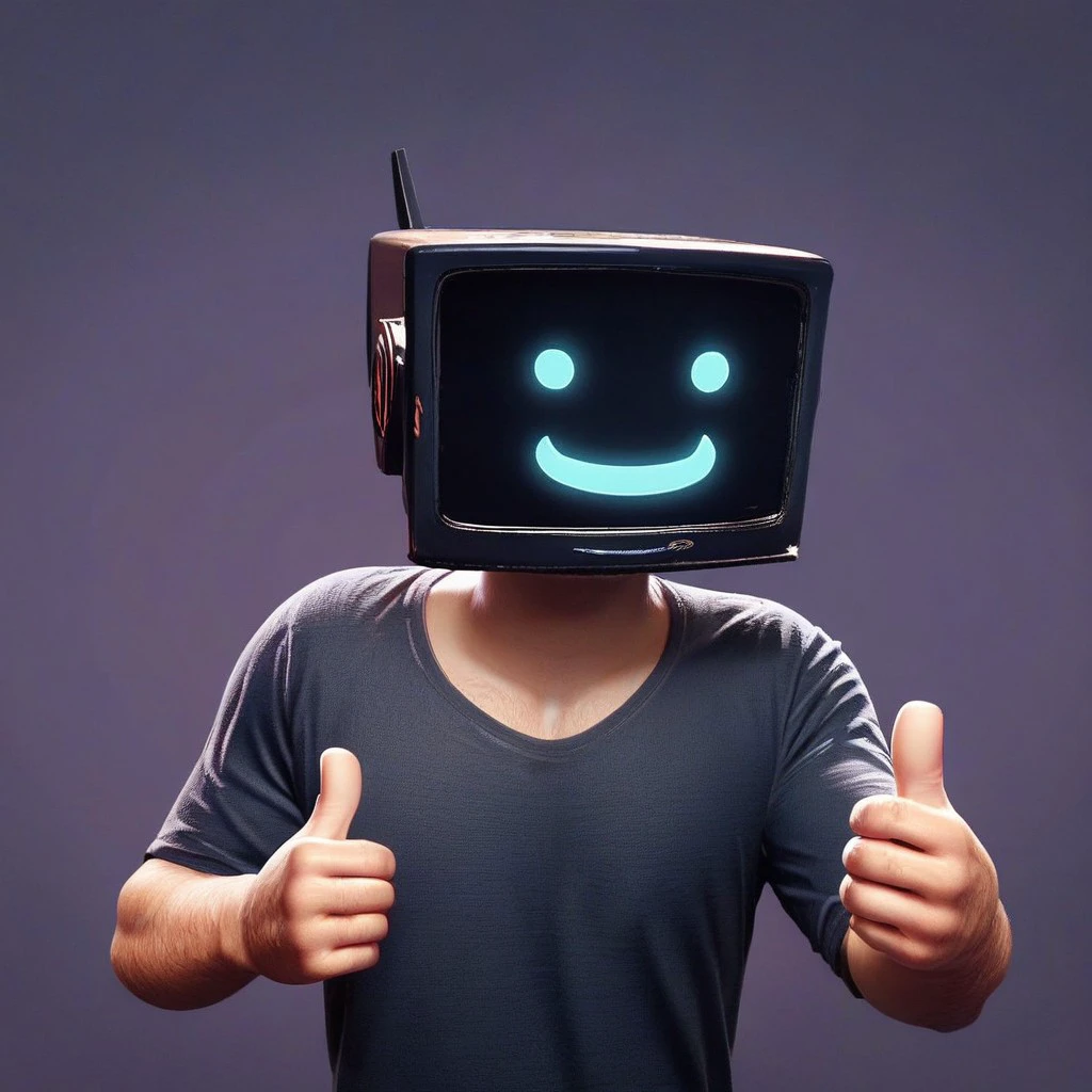 score_7_up, score_8_up, 
BREAK,
solo male, 1boy, human, screenface, screen head, simple face, smile, looking at viewer, thumbs up, dark background,