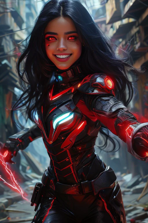 (masterpiece), best quality, expressive eyes, perfect face, Futuristic White Hispanic female Earth Mage in futuristic magical garb, fighting pose, 23 years old, dark black hair with red accents, defending a futuristic slum, realistic, normal eyes, competitive smile