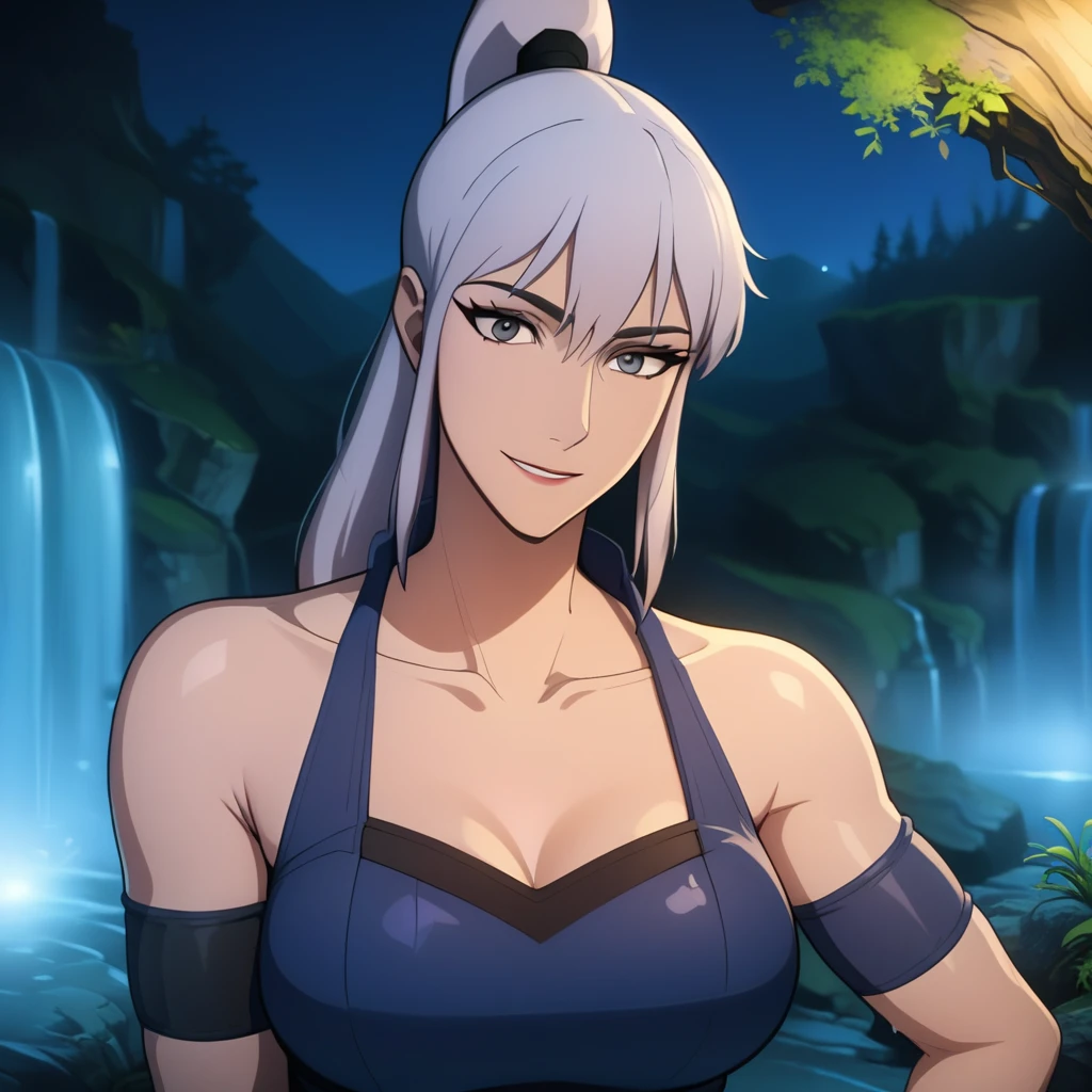 luna, luna \(dota 2\), luna anime \(dota 2\), 1girl, solo, long hair, breasts, looking at viewer, smile, cleavage, collarbone, upper body, ponytail, water, grey eyes, armband, waterfall, cave