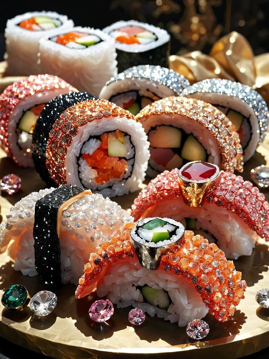 <lora:gl4ssj3mSDXL:1> gl4ssj3m, still life, gem, crystal, shiny, sparkle, food focus, sushi