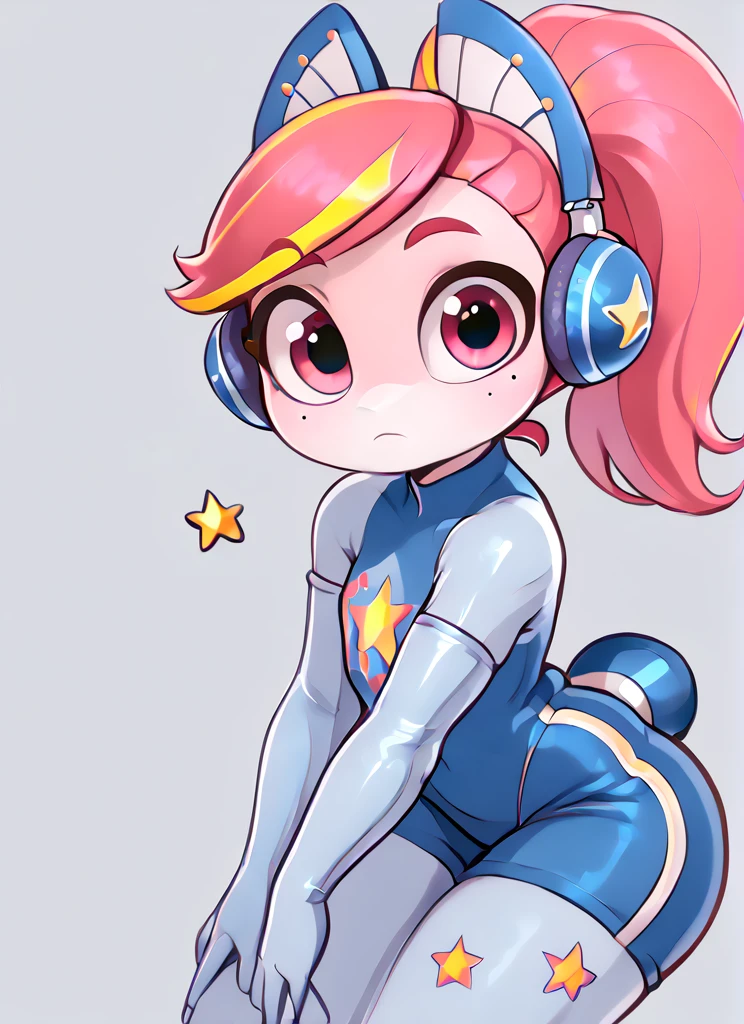 score_9, score_8_up, score_7_up,   <lora:aione:1>aione  ,1 girl ,white skin ,red animal ears , mole under eye,  pink hair, blue headphones, ponytail,   blue bodysuit,star print,  blue shorts  ,elbow gloves , looking at viewer,  <lora:Aer0Zer0_Artist_Style:1>aerozerorisk