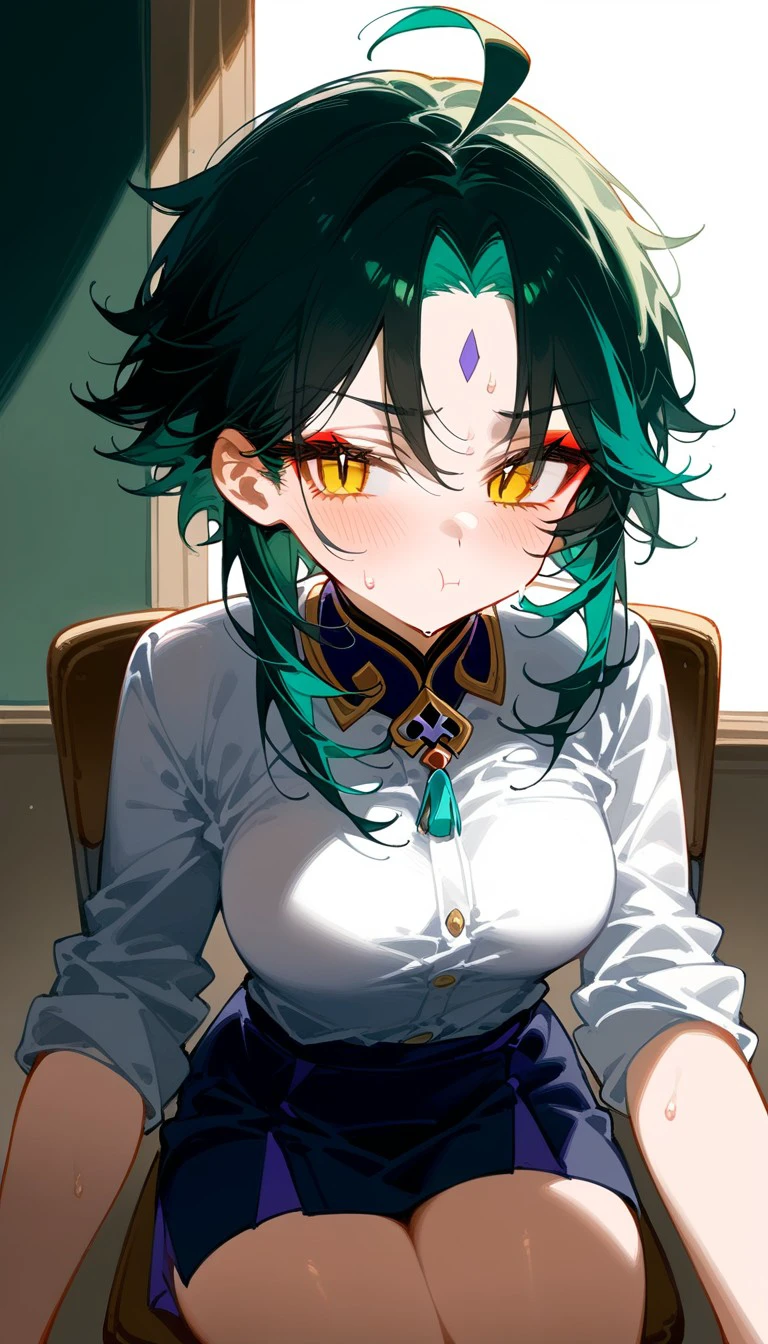 1Girl, student, Japanese uniform, navy collar, blue collar, white shirt, big thigh, sweat, shadow, skin, rosy skin, shiny oiled skin sunlight shine detail shadow masterpiece best quality colorful illustrator light color masterpiece best quality, detailed skin, , exposed skin on shirt, buttons, pout, sitting on chair, school, sitting, behind window, sunlight, curtain, rolled up sleeves, lean arms leaning on chair, looking at you, dark hair streaked green, short skirt, slanted eyes, cold eyes, blush, medium breasts,Xiao (Genshin Impact) 1boy, solo, male focus, jewelry, , ahoge, bangs, tassel, makeup, red eyeshadow, slit pupils, eyeshadow, purple mark on forehead, green hair, golden eyes, yellow eyes, There are many desks around, behind them are tables and chairs, a chalkboard, girl POV, and viewer's hand in front, angry at you, <lora:b85f47fd-3a4f-4c63-ad50-1449294b9920:0.7>