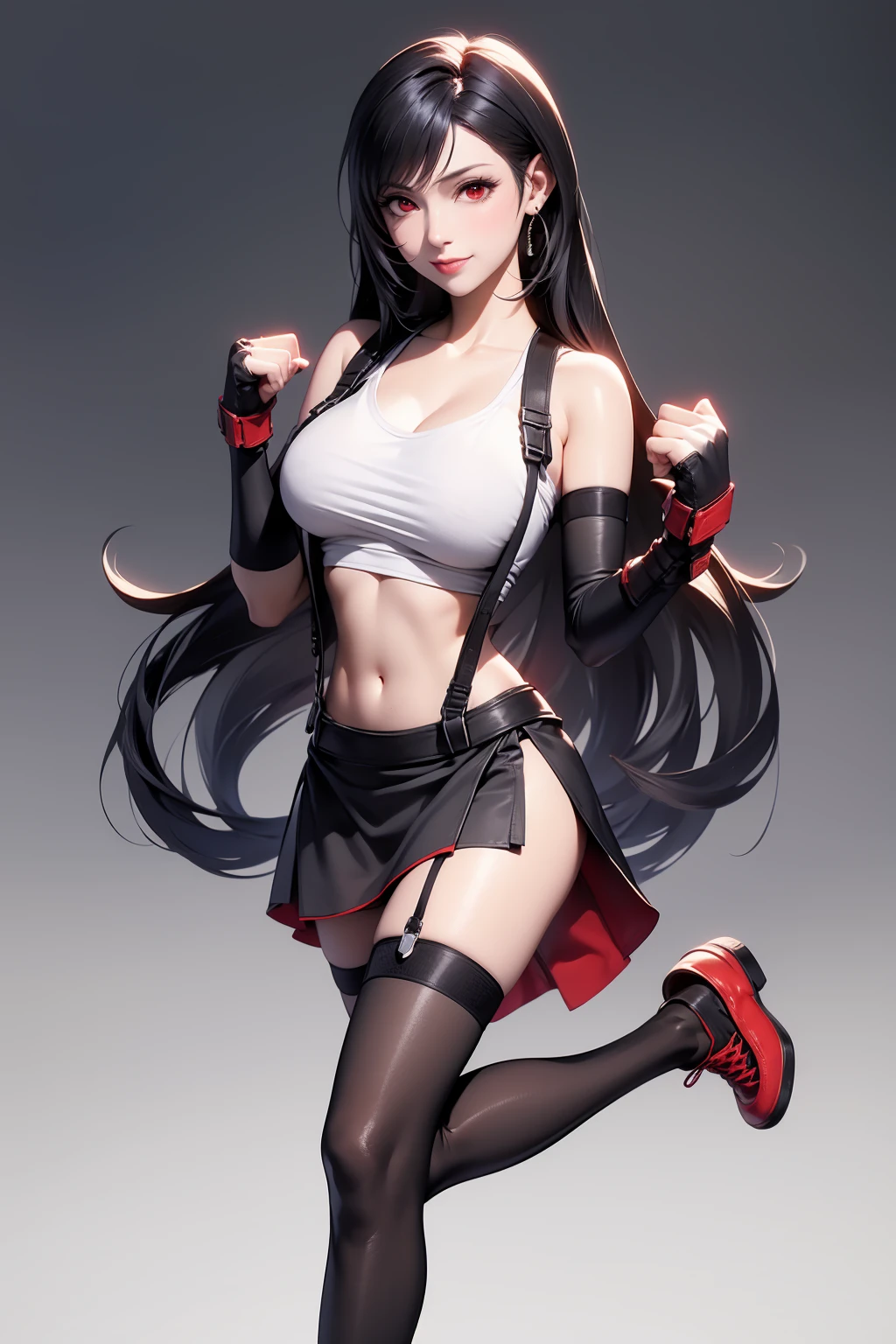 masterpiece, best quality,3d render work ,3DMM style,close-up, 3D,1girl, solo, black hair, teardropshaped earrings, realistic, (full body:1.5), (plain background, colour Gradient background:1.5) bangs, long straight black hair, parted lips, choker, makeup, (white sports bra:1.5), (red eyes), tifa lockhart, (huge breasts:1.5) enormous droopy breasts, macromastia, cleavage, exposed stomach, toned abs, toned arms, (black miniskirt:1.4) thigh high stockings, red boots, slim, thin figure, long legs
