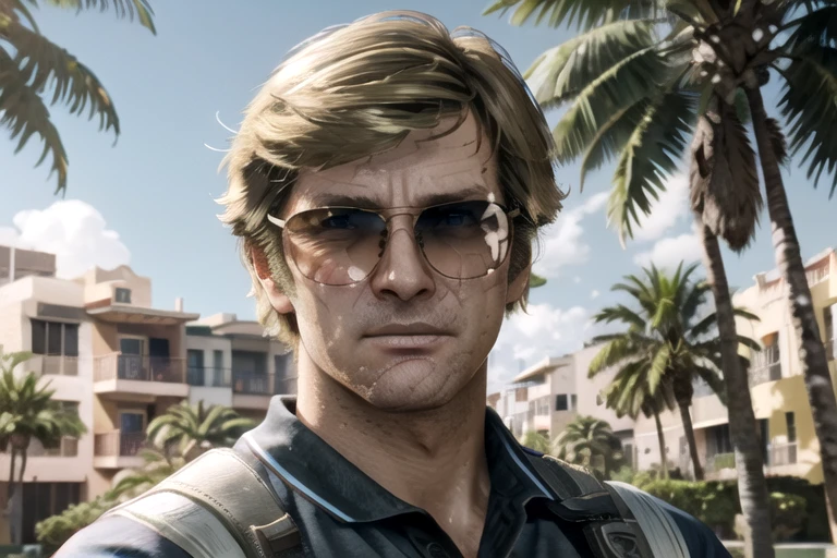 russell adler, 1boy, male focus, solo, looking at viewer, blonde hair, shaded eyes, sunglasses, scar on face, polo shirt, short sleeves, stubble, facial hair, standing, palm tree, outdoors, 
BREAK, best quality, highres, realistic, game cg,
<lora:AdlerV2:1>