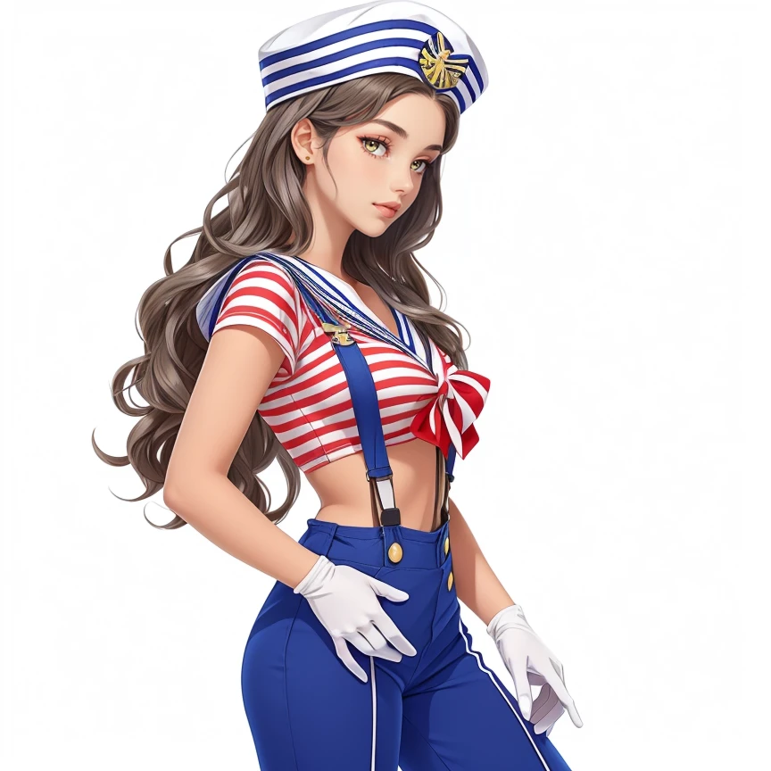 1girl, solo, (Long Wavy Hair with Deep Side Part:1.3), hud_rwb_s4ilor, hat, gloves, overalls, striped crop top, pants, suspenders, sailor hat, sailor, <lora:rwbsail15-000009:0.8>, ship