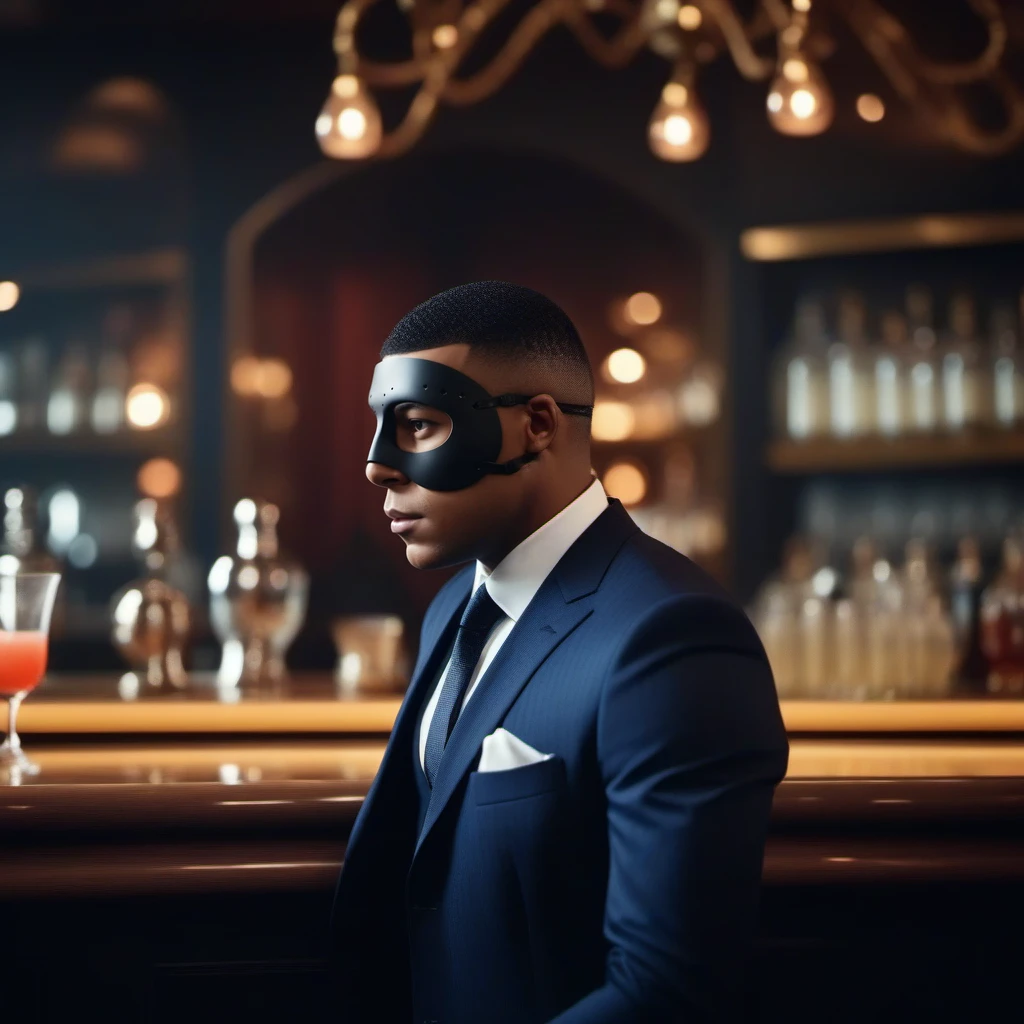 cinematic photo a man wears a black mask and a suit, having a cocktail in a luxurious bar  <lora:MaskedMbappe1024:0.8> . 35mm photograph, film, bokeh, professional, 4k, highly detailed