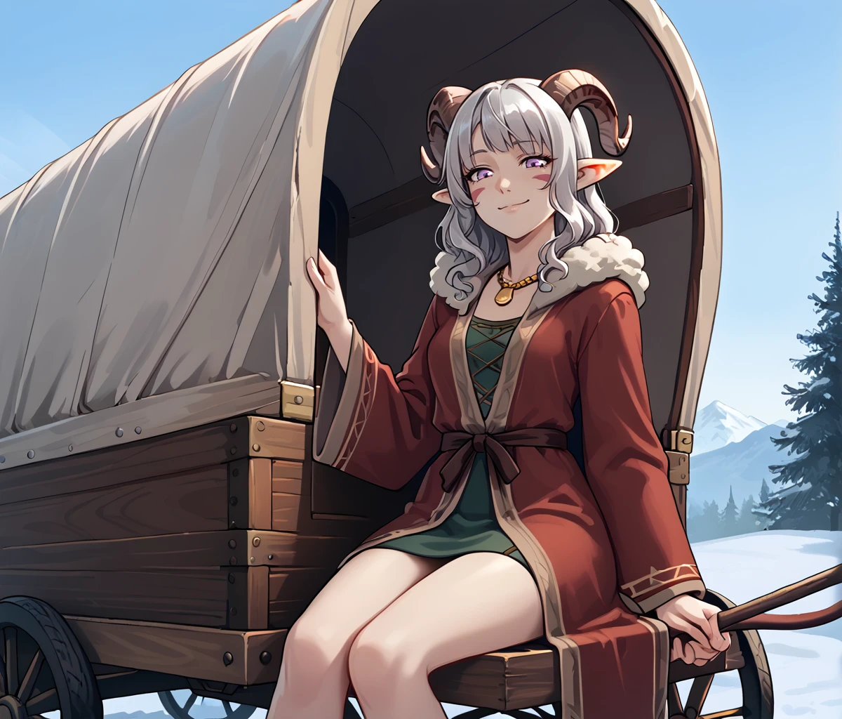 <lora:covered_wagon:0.8>vehicle,  covered_wagon:1.4, on wagon, sitting, solo, small girl, horse,  from below,
 <lora:whisker_markings:0.8>red whisker_markings, scenery, winter, close up, source_furry, score_7_up, rating_safe, cowboy shot, gold necklace, tiefing, short pointed ears, brown horns, (a pair of brown sheep Horns that begin at her temples and curve back: 1.5), bangs, long silver hair long wavy hair, pale skin, short pointy ears, purple eyes, <lora:age_slider_v4:0.6>   medium breasts, skinny female, silver hair, <lora:Tieflingnew weird fantasyDND:0.3> Tiefling, pointed ears, horns, half-closed eyes<lora:Smooth Style 2 SDXL_LoRA_Pony Diffusion V6 XL:0.5> bell, fur coat robe, hood off, happy face