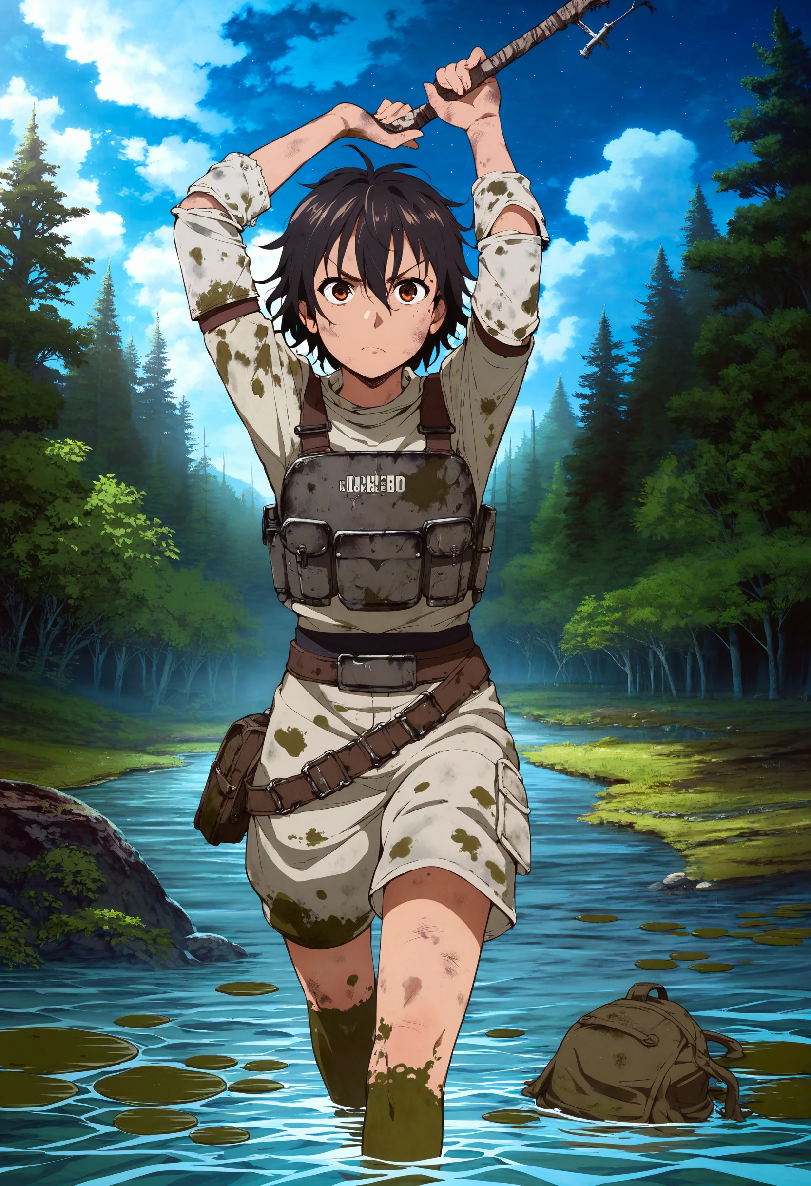 score_9,score_8_up,score_7_up,score_6_up,source_anime,<lora:MeMaXLV3_TypeB_AutismMix:1>,from_above,1girl,dark-skinned female,wetland,in water,brown water,forest,dead tree,night,cloudy sky,covered in mud,dirty,dirty face,dirty armor,black hair,short hair,hair between eyes,messy hair,brown eyes,armor,disgust,looking_down,arms up,holding_bag,walking,