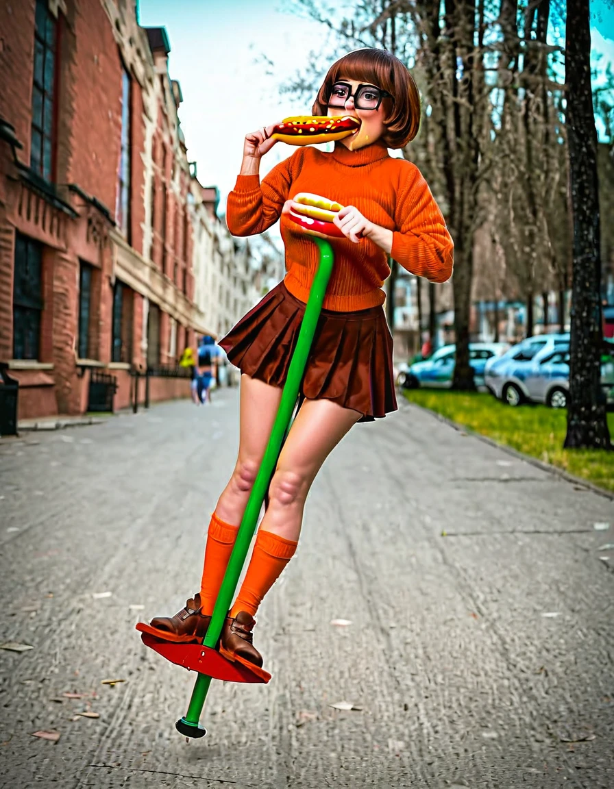 score_9, score_8_up, score_7_up, masterpiece, realistic, raw photo, photorealistic, 32k, true to life, 1girl, solo, Velma Dinkley, orange sweater, brown skirt, glasses, short brown hair. cute face. jumping on a pogo stick, ((handle bars:1.5)) holding handle bars. Down a city street. (((Eating a hotdog:1.6)))
