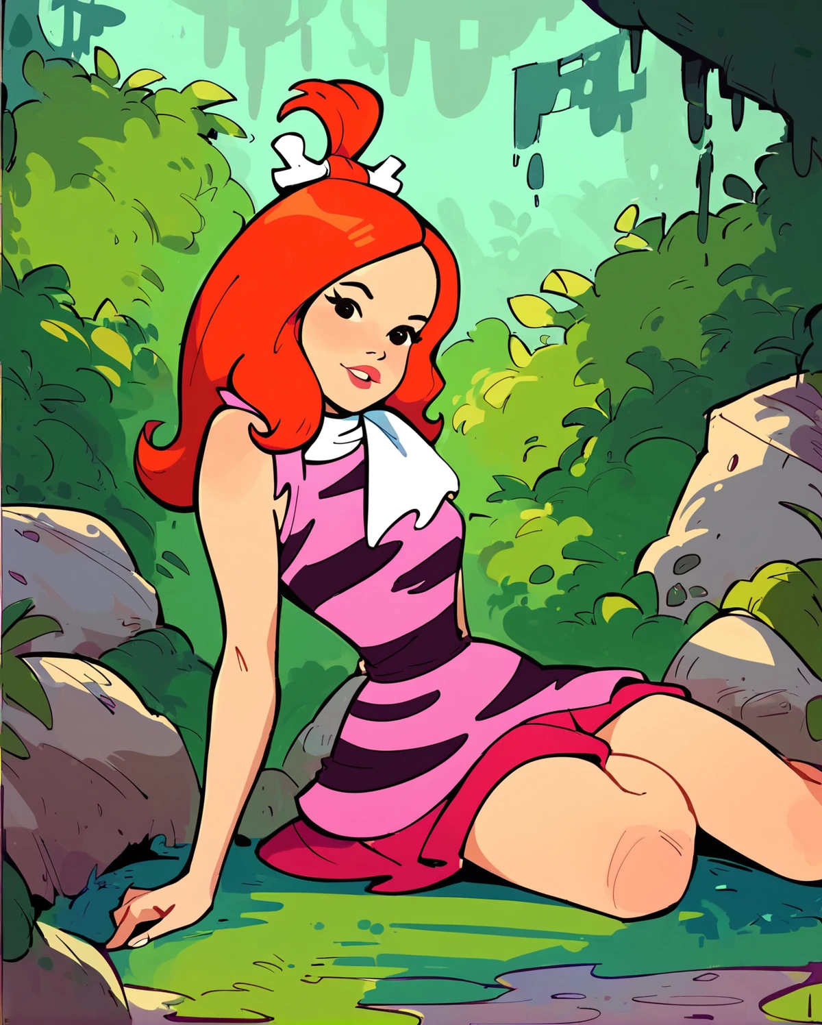 pebbles, 1girl, sexy, red hair, wearing stone age dress,sitting on the ground, at forest <lora:fallen_ai_PONY_adult_pebbles:1>, zPDXL, score_8_up, score_7_up, score_6_up, score_9, illustration