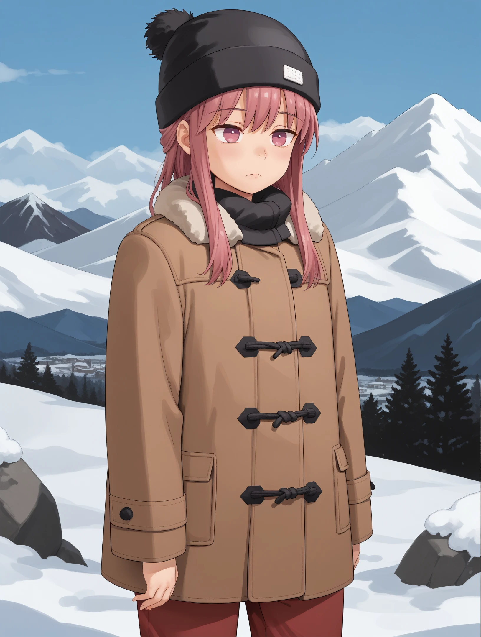 score_9, score_8_up, score_7_up,
1girl,solo,
 <lora:hinori-Kakuriyo.sfw.pony.v2:0.6> hinorikakuriyo, ping hair, pink eyes,
brown coat, red pants, winter, winter cap, black headwear, snow, mountains,
sleepy, exhausted,