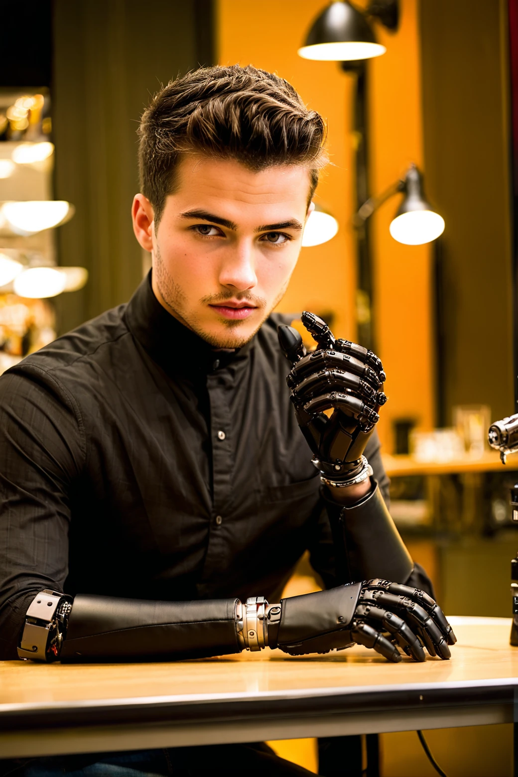 dxhr style <lora:dxhr_v2_sdxl:1>, young supermodel man sitting at a table, visible face with sleek black prosthetic hand on table, opulently accented black robotic hand resting on table, [sleek robotic arms, :0.3]sharp focus, shallow depth of field, volumetric lighting, warm tones, professional photography, macro close up, sharp focus on hand on table, detailed fingers in foreground, foreshortened perspective