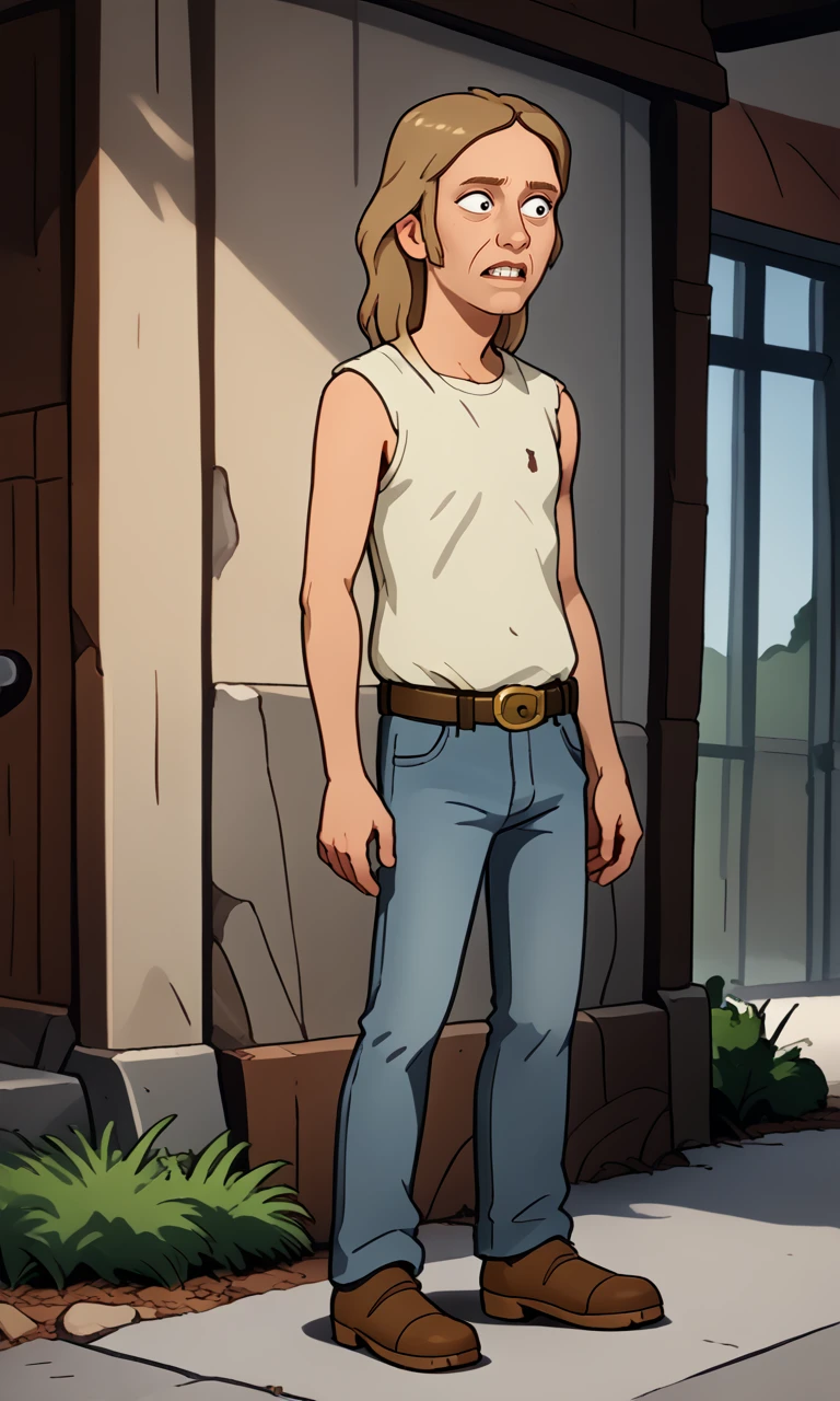 <lora:Elroy_Lucky_Kleinschmidt_-_KOTH-10:1>elroy_lucky_kleinschmidt, 1boy, dirty blonde hair, side_burns, sleeveless, faded yellow shirt, tank top, teeth, black eyes, belt, belt_buckle, jeans, brown boots, full body, source_cartoon, score_9, score_8_up, score_7_up,