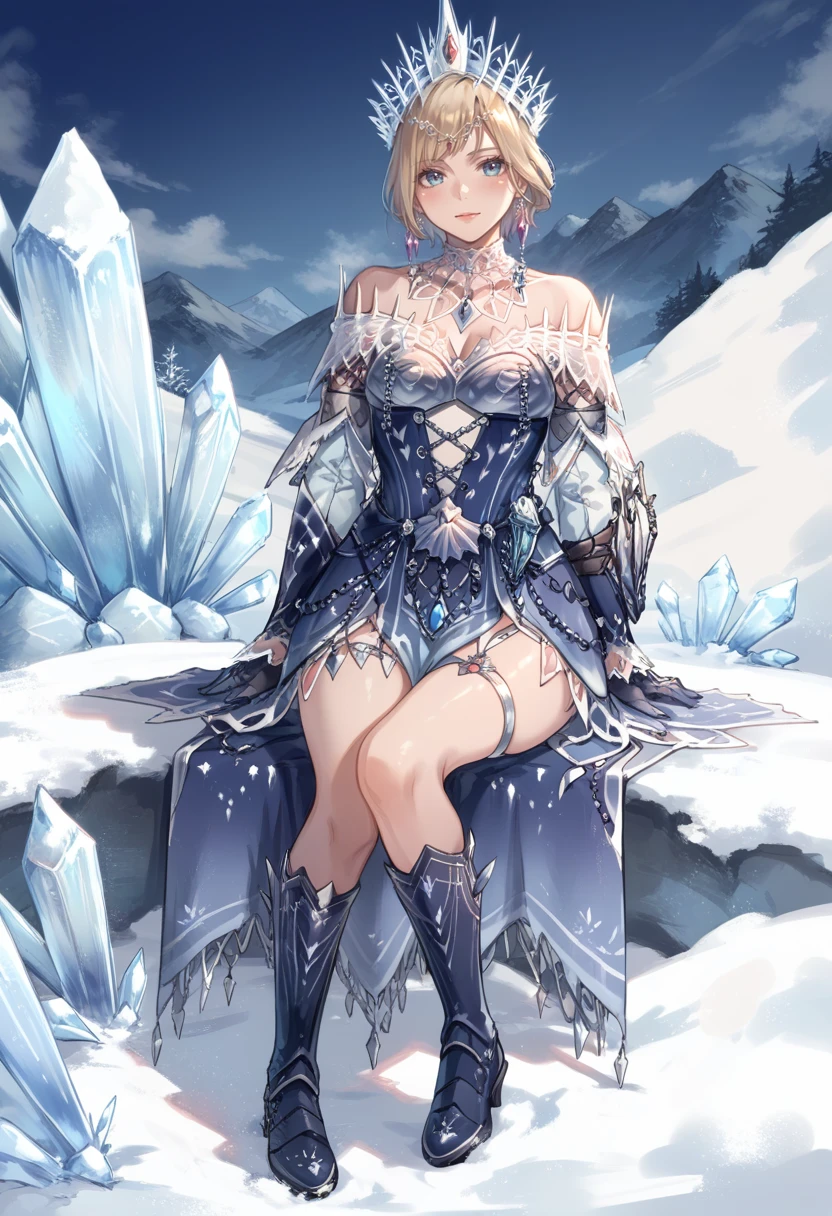 (score_9:0.9),score_8_up,score_7_up,rating_explicit,anime style,(zPDXL),<lora:velkhana beta armor ponyXL v1.2:0.77>,velkhana armor,blue long dress,1girl,solo,blue gloves,blue thigh boots,full body,looking at viewer,silver crown,blonde hair,short hair,sitting,ice,snow,