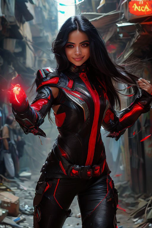 (masterpiece), best quality, expressive eyes, perfect face, Futuristic White Hispanic female Earth Mage in futuristic magical garb, fighting pose, 23 years old, dark black hair with red accents, defending a futuristic slum, realistic, normal eyes, competitive smile