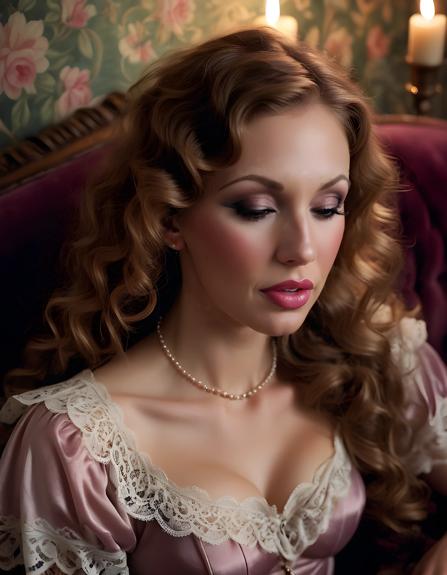 In a dimly lit, antique-filled Victorian parlor, the ethereal Melanie Marie, with her long, wavy chestnut locks cascading over a velvet couch, is captured in a close-up shot from above. Her eyes are softly closed, adorned with smoky eyeliner and a touch of mauve lipstick. Her full lips part slightly, revealing a hint of glossy pink, as she clutches a delicate lace handkerchief to her heart. The soft glow of a single candle illuminates the room, casting an intimate and romantic ambiance, while a faded floral wallpaper adds a touch of nostalgia to this captivating portrait.