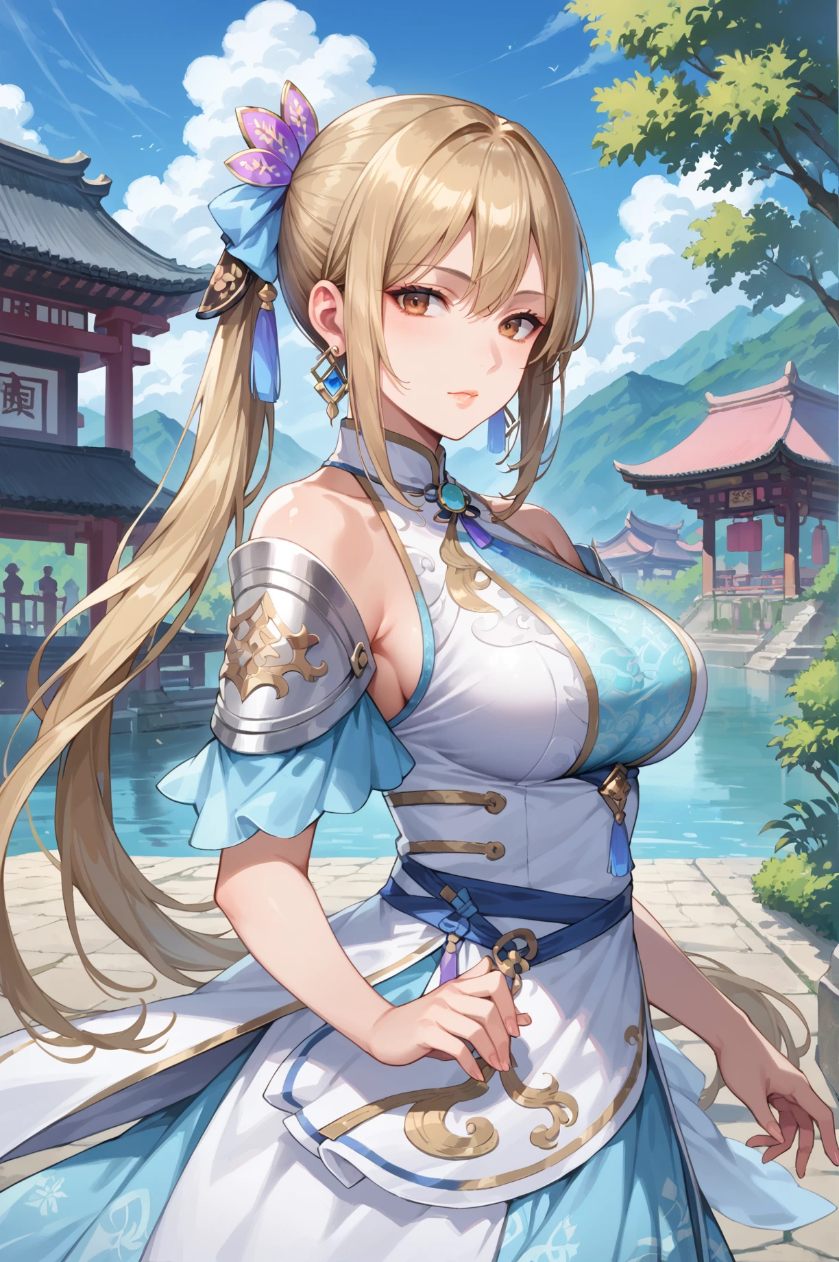 score_9, score_8_up, score_7_up, source_anime, highly detailed, <lora:Wang_Yuanji_Dynasty_Warriors:0.8> solo, 1girl, mature, blonde hair, long hair, tied hair, big breast, dress, hair ornament, earrings, brown eyes, east asian architecture, vibrant color, ready pose, photography