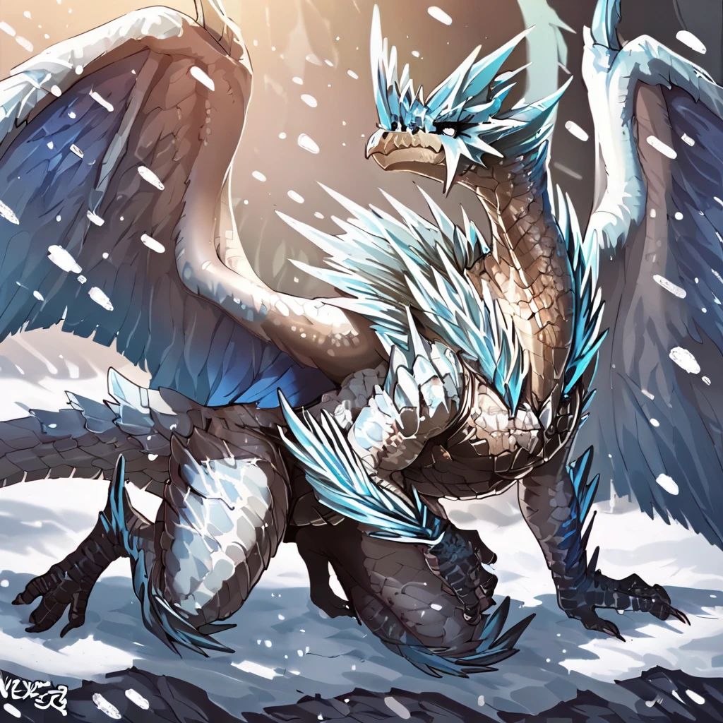 zPDXL BREAK
(authro:1.4),dragon,scalie,wyvern,countershading,feathers wings,solo,tail,white body,wings,<lora:Velkhana2-Adam8-ponyXL>,ice,scales,feathers,full body,snow,snowing,sheryama,