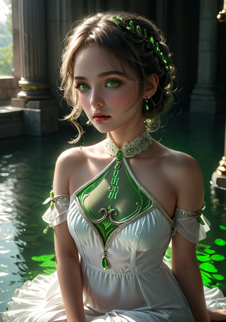 dramatic light,fluorescent river,mooon <lora:Nahida-real:0.8>,Nahida,sit,green jewelry ,green eyes,white and green dress,short dress,small,upper body,detailed face, detailed eyes, detailed lips, beautiful woman, hourglass figure, natural lighting, high quality, hyperrealistic, 8k, cinematic, dramatic lighting, chiaroscuro, neoclassical, oil painting,