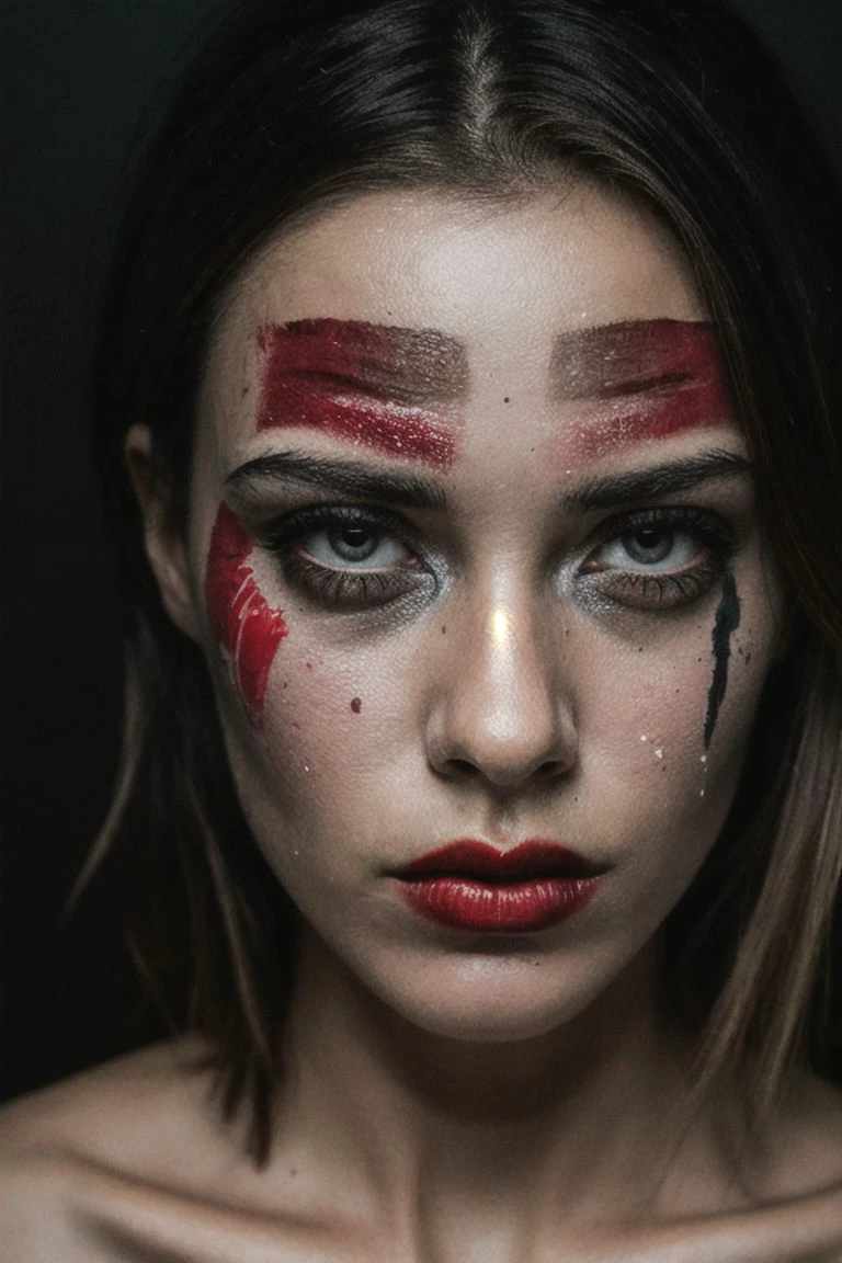 A close-up of a woman’s face, seemingly painted with a mixture of white, black, and red paint. The paint appears to be thick and smeared in various places, especially around the eyes and mouth. The eyes are intense, with a deep gaze, and the overall mood of the image is dark and dramatic.