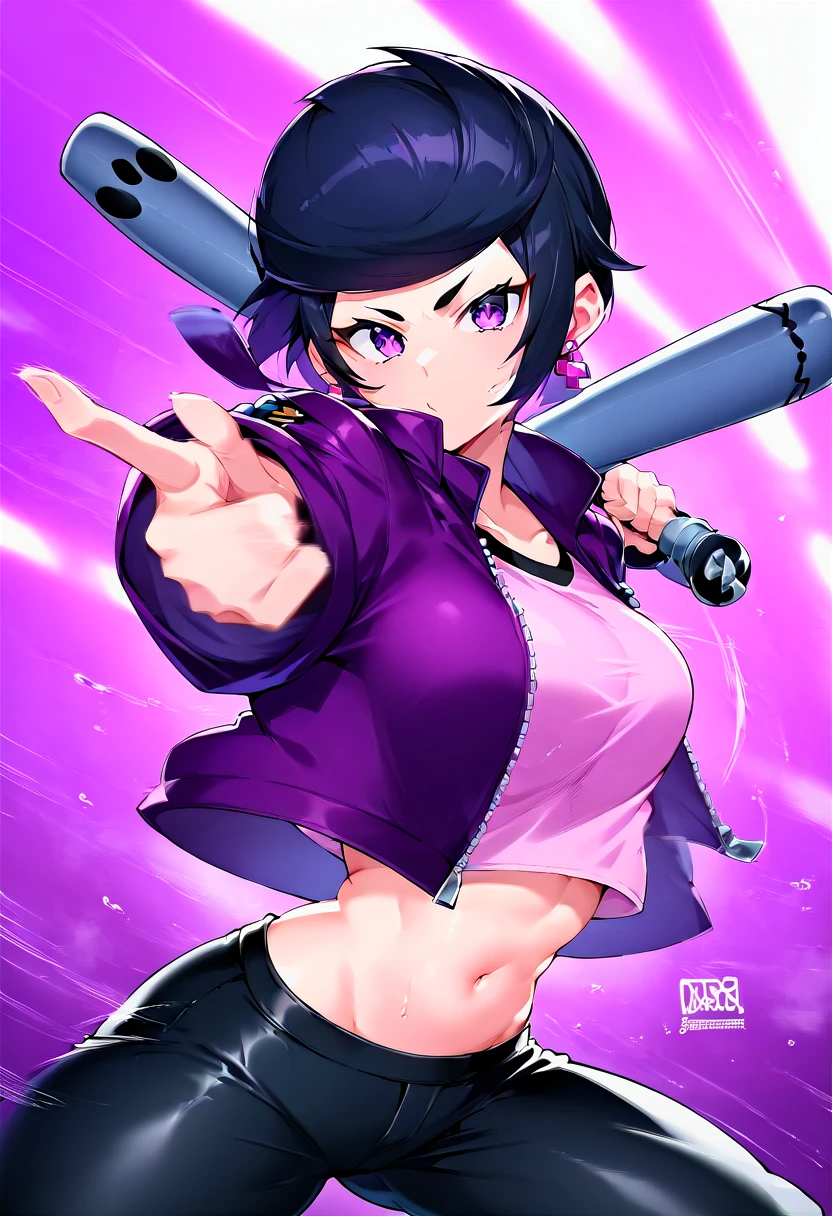 score_9, score_8_up, score_7_up, source_anime,
bibiBS, 1girl, solo, athletic body, purple eyes, black hair, short hair, cross earrings, purple jacket, crop jacket, long sleeves, crop top, pink top, midriff, black pants,
baseball bat, movement, motion blur, swinging, foreshortening, dynamic pose,
best_quality, masterpiece, anime style