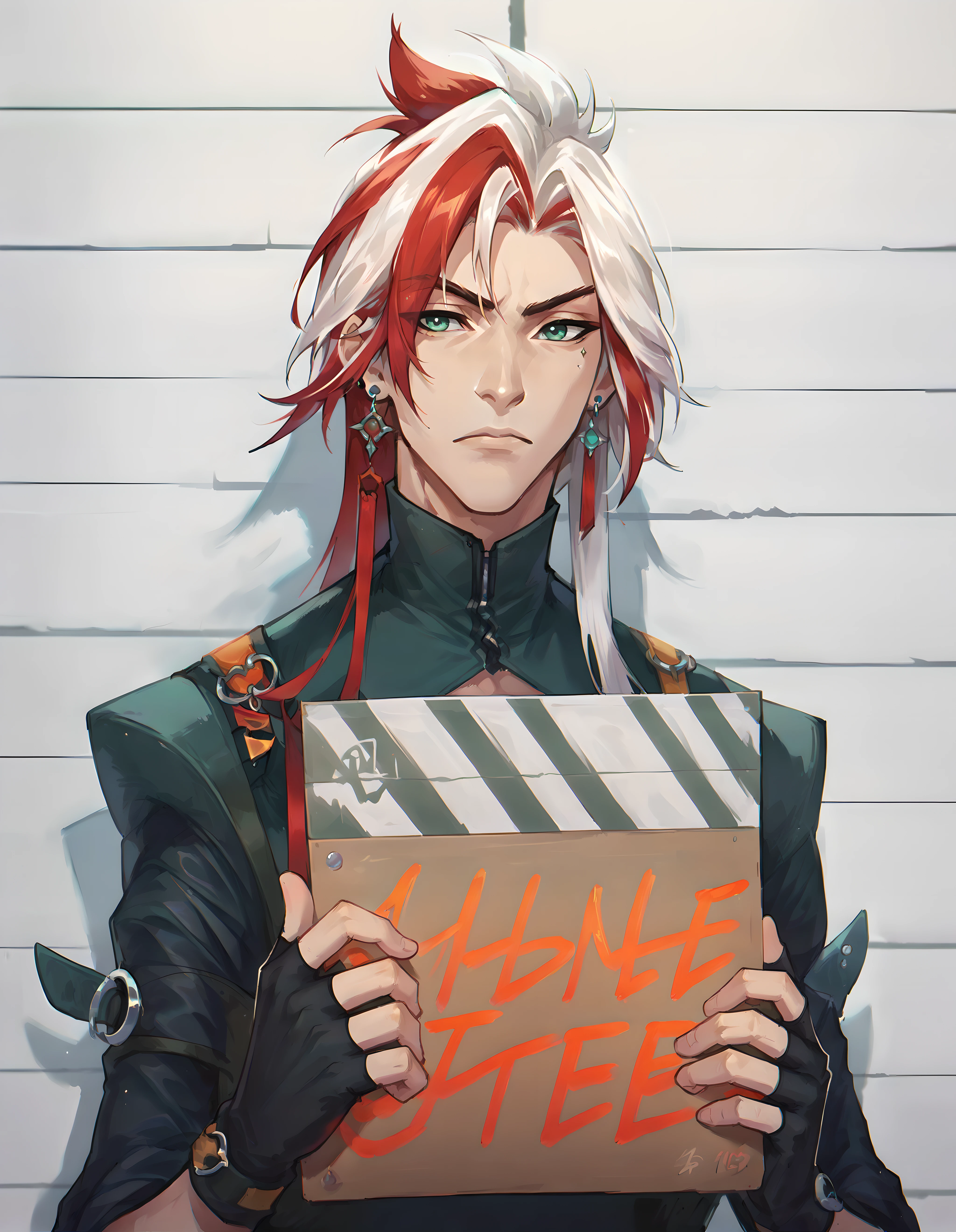 score_9, score_8_up, score_7_uphs yone, solo, gloves, 1boy, holding, jewelry, green eyes, upper body, white hair, male focus, red hair, earrings, black gloves, fingerless gloves, sign, holding a sign with text of "Yone", <lora:Heartsteel_Yone_v1:0.85>