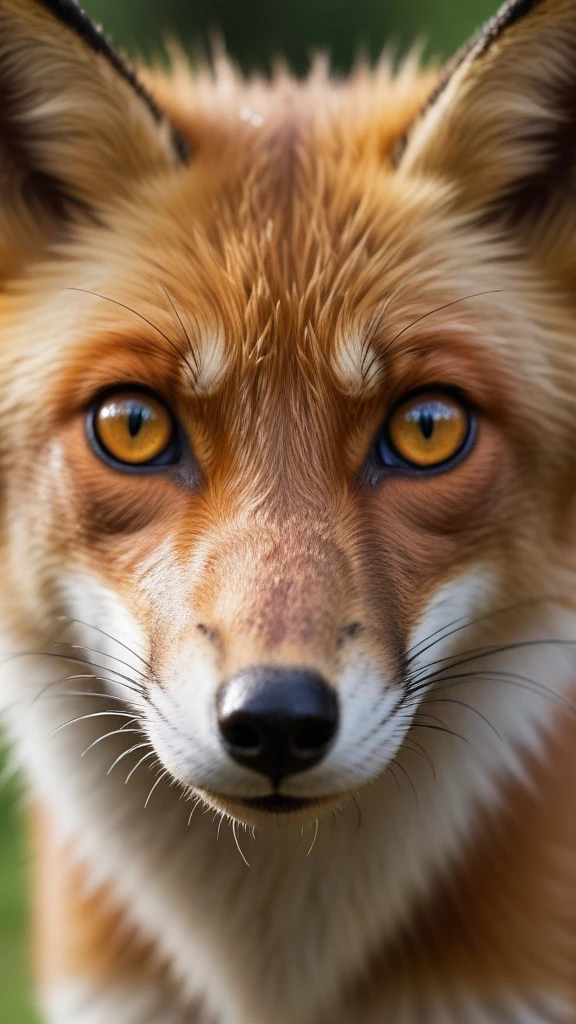 (b3yond_DolbyVision_vibrant_summer_shot1_style_masterpiece:1.2)  | |  | Fox's face close-up with cunning eyes and wet nose with rain-soaked fur against a woodland backdrop