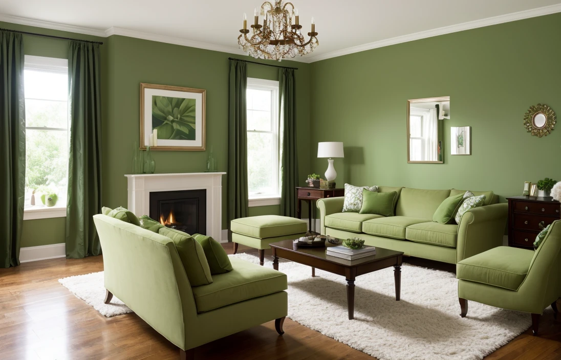 Design a living room with a green color scheme, featuring a sofa, television, and an assortment of stylish design objects. Incorporate a wooden door with an ornate rosette-mounted doorknob, ensuring that the doorknob is not prominently in the foreground.