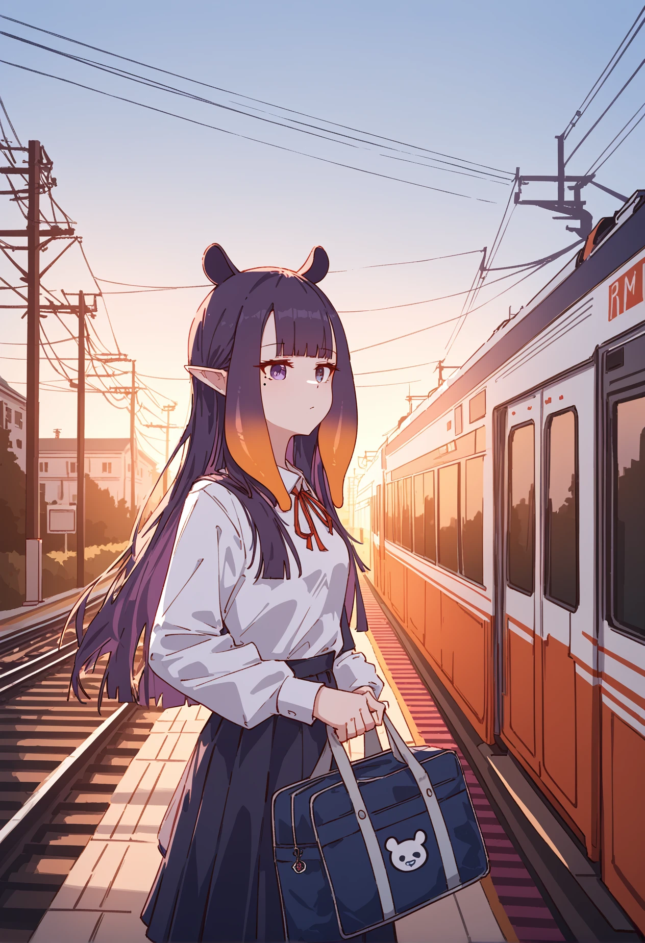 by jl tan, ninomae ina'nis, hololive, hololive english, highres, 1girl, alternate costume, bag, blunt bangs, enoshima electric railway, gradient hair, hair behind ear, holding, holding bag, long hair, mole, mole under eye, multicolored hair, orange hair, outdoors, pointy ears, power lines, purple eyes, purple hair, scenery, school bag, sidelocks, solo, tentacle hair, train, upper body, uncensored, best quality, masterpiece