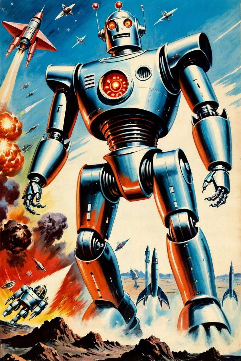 (movie poster:1.2) 50s style retro killer iron robot from_below from_side spaceship above explosions in the sky powerful dutch angle (AtompunkSDXL:1.5)