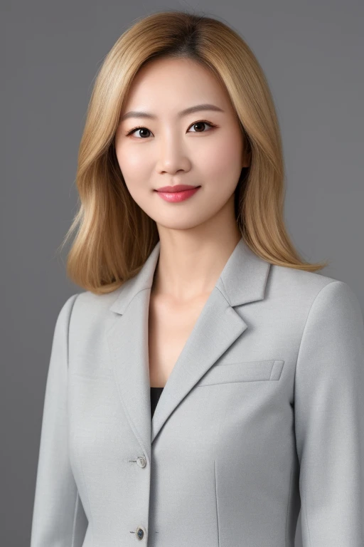 Create an avatar of a serene and professional chinese woman, corporate portrait, with a friendly and approachable expression. She has fair skin, blonde hair styled neatly, and is dressed in business casual attire. She should be standing against a simple, neutral background, suitable for professional use. The image should be detailed and realistic, with emphasis on her friendly smile and warm demeanor.