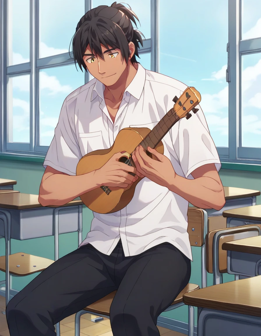 score_9, score_8_up, score_7_up, score_6_up, score_5_up, score_4_up, 2d_anime, rating_questionable, classroom, school, window,
1boy, solo, solo focus, mature male, white short sleeves shirt, black pants, nalu tanaka <lora:Nalu_Tanaka_Pony_Rev1:0.8> tan, yellow eyes, black hair, ponytail, light smile, looking down, sitting, school chair, playing instrument, ukulele,