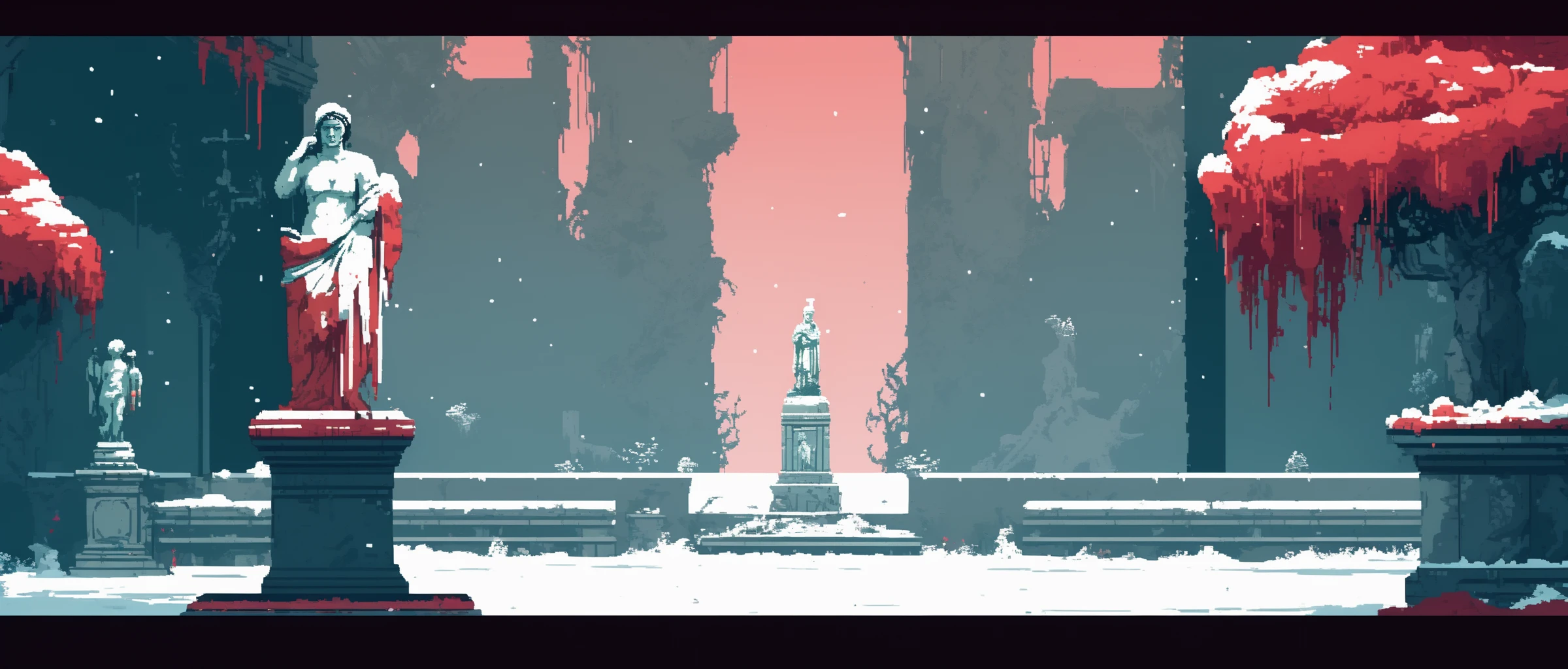 NH2D, pixel style,a Bloody Red Garden with a dilapidated statue standing  ,snow,winter,<lora:2dmap:0.6>