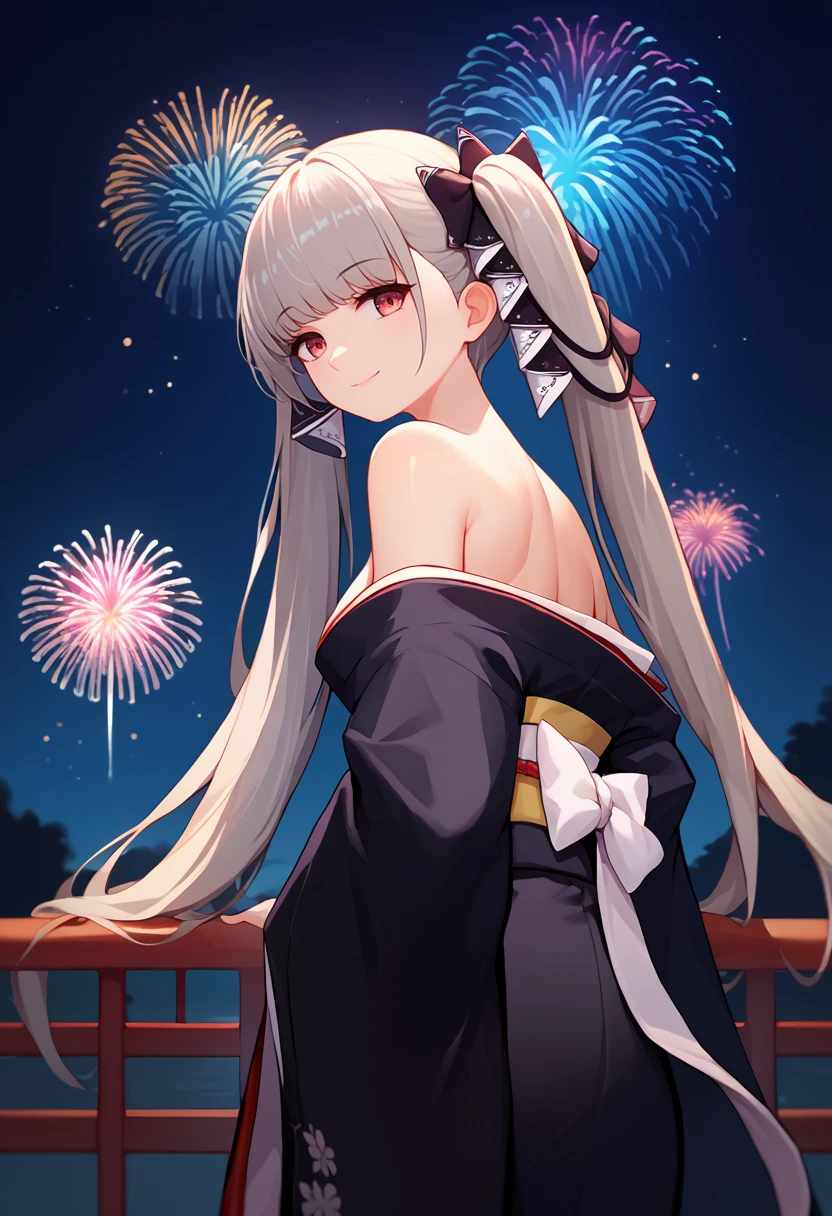 score_9, score_8_up, score_7_up, source_anime, from behind, solo, 1girl, formidabledef, slight smile, looking back, grey hair, twintails, hair ribbon, two-tone ribbon, japanese clothes, black kimono, off shoulder, white sash, bare shoulders, fireworks <lora:azurlane_formidableDefault_ponyXL-v2:1>