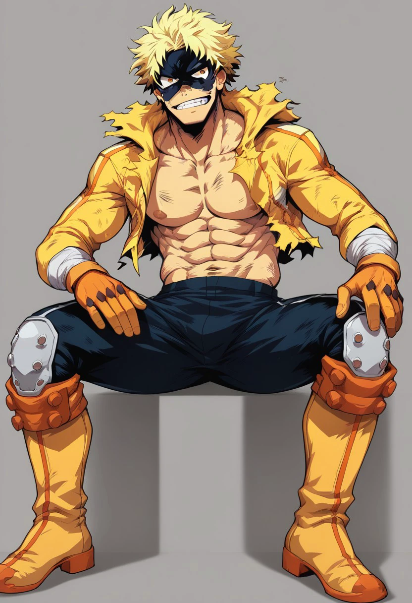 , score_9, score_8_up, score_7_up, masterpiece, , line art, anime,, detailed, <lora:Expressive_H:0.45> Expressiveh, ,  Taishiro_Toyomitsu, male, mask, yellow jacket, track pants, boots, arm wraps, torn clothing, open jacket, knee pads, gloves